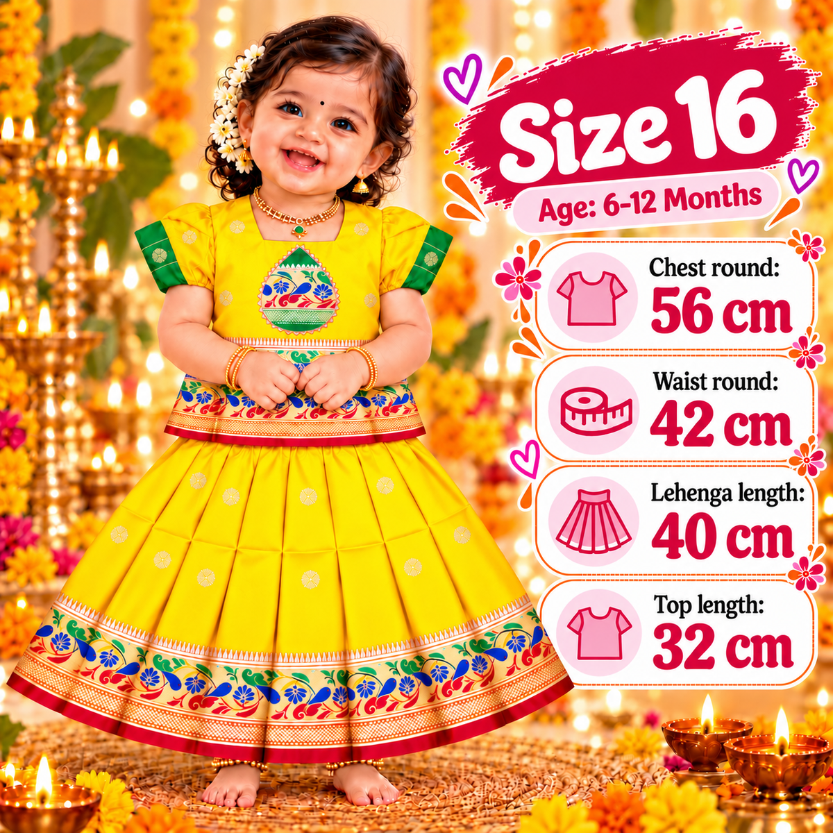 Girls Sunshine Yellow Pattu Pavadai Ethnic Skirt Set | Colourful Peacock Border Festive Dress