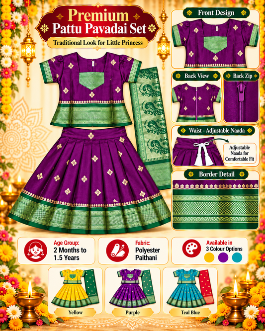 Girls Royal Purple Pattu Pavadai Lehenga Set with Green Dupatta | Premium Baby Girls Festive & Wedding Wear