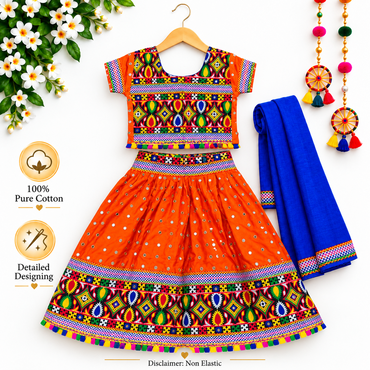 Girls Orange Multicolor Pure Cotton Garba Lehenga Choli Set with Royal Blue Dupatta