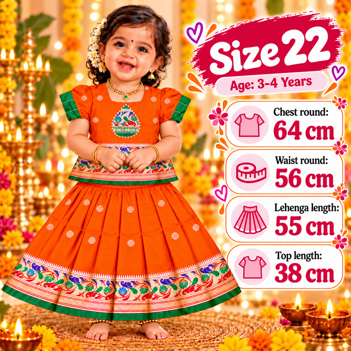 Girls Orange Peacock Design Pattu Pavadai Lehenga Set | Traditional Indian Festive & Wedding Wear