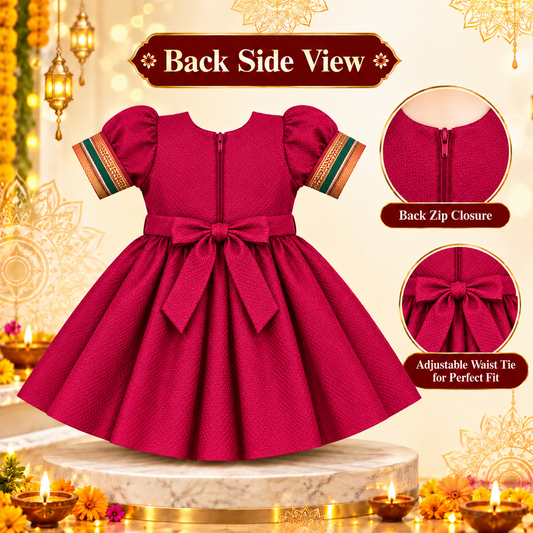 Girls Rani Pink Royal Paithani Frock with Golden Border & Tassel Design | Baby Girls Ethnic Festive Dress
