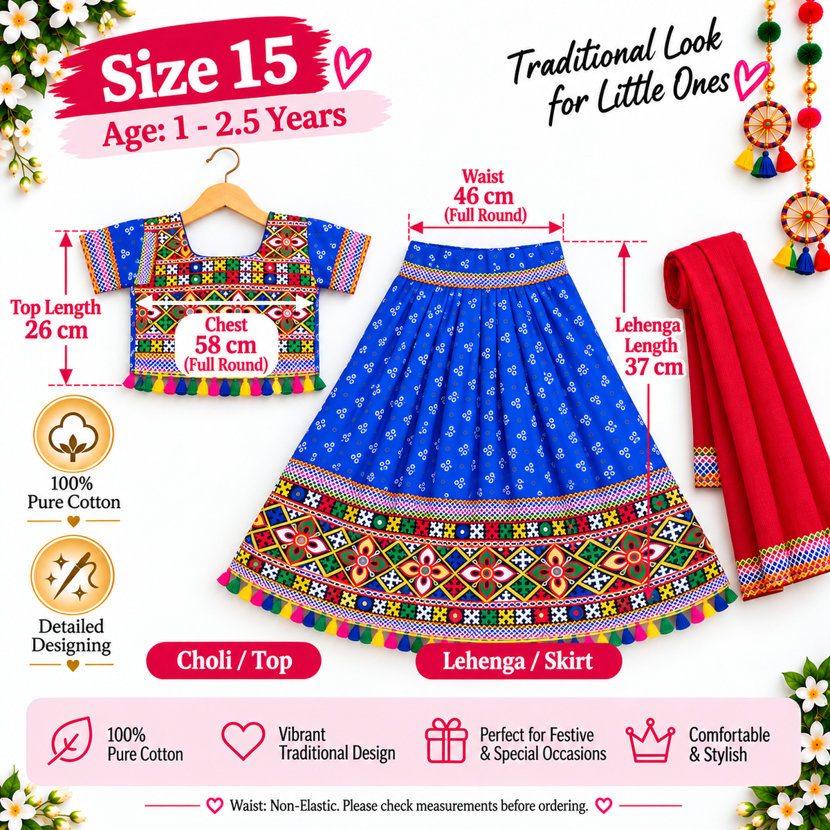 Girls Royal Blue Pure Cotton Ghagra Choli Set with Red Dupatta – Traditional Navratri Lehenga