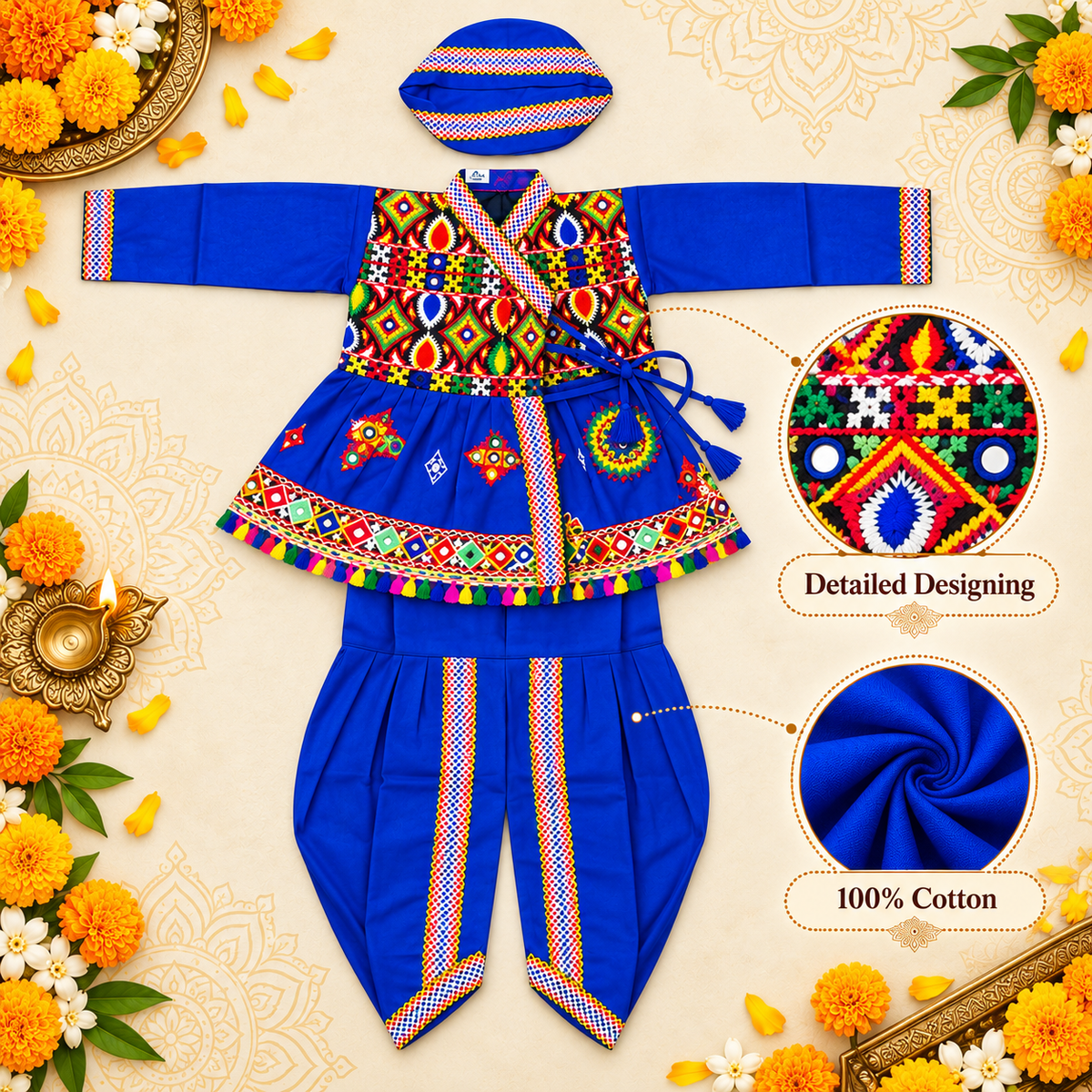 Boys Festive Royal Blue Embroidered Jacket & Dhoti Set with Matching Cap – 100% Cotton
