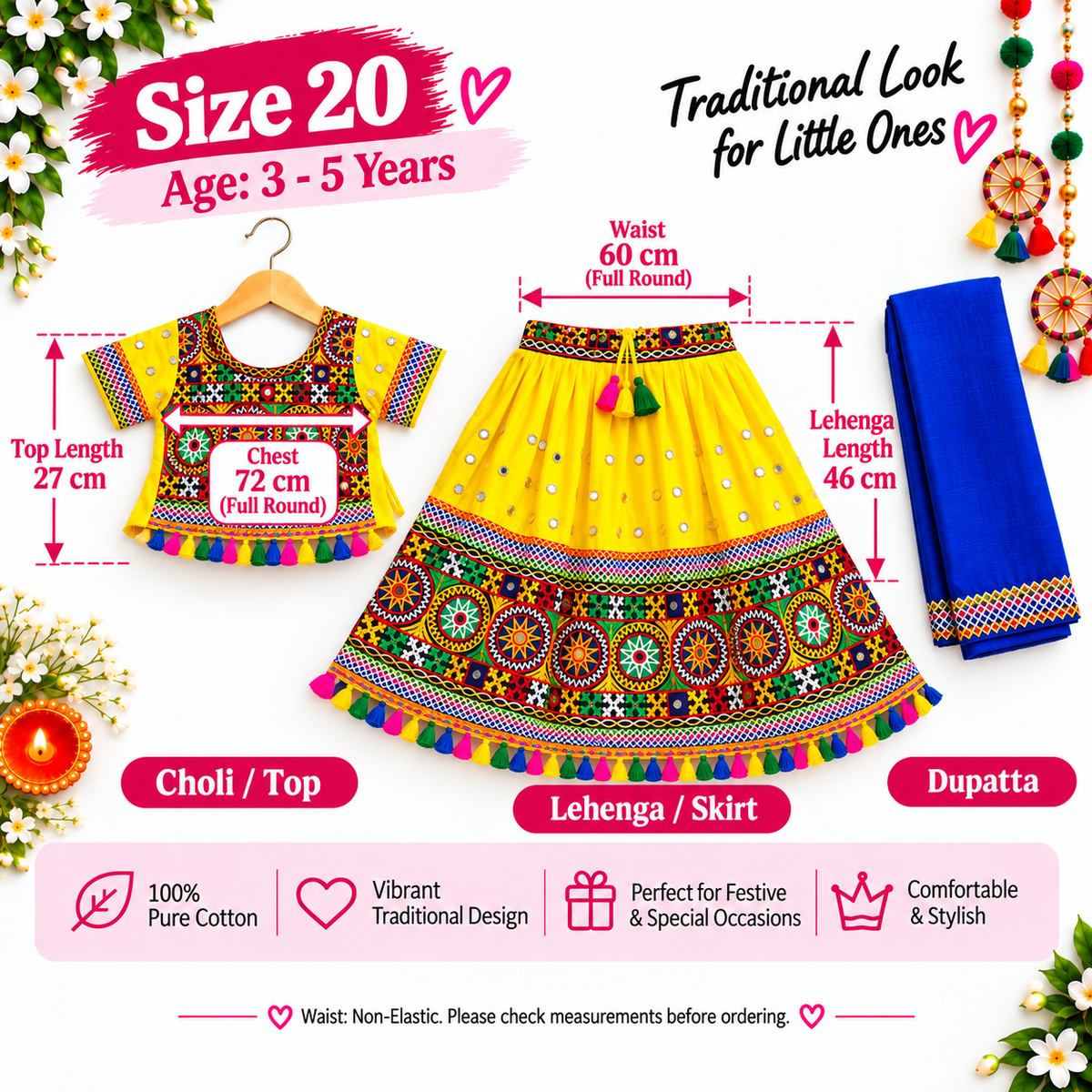 Girls Yellow Traditional Lehenga Choli Set with Blue Dupatta – 100% Pure Cotton Festive Wear