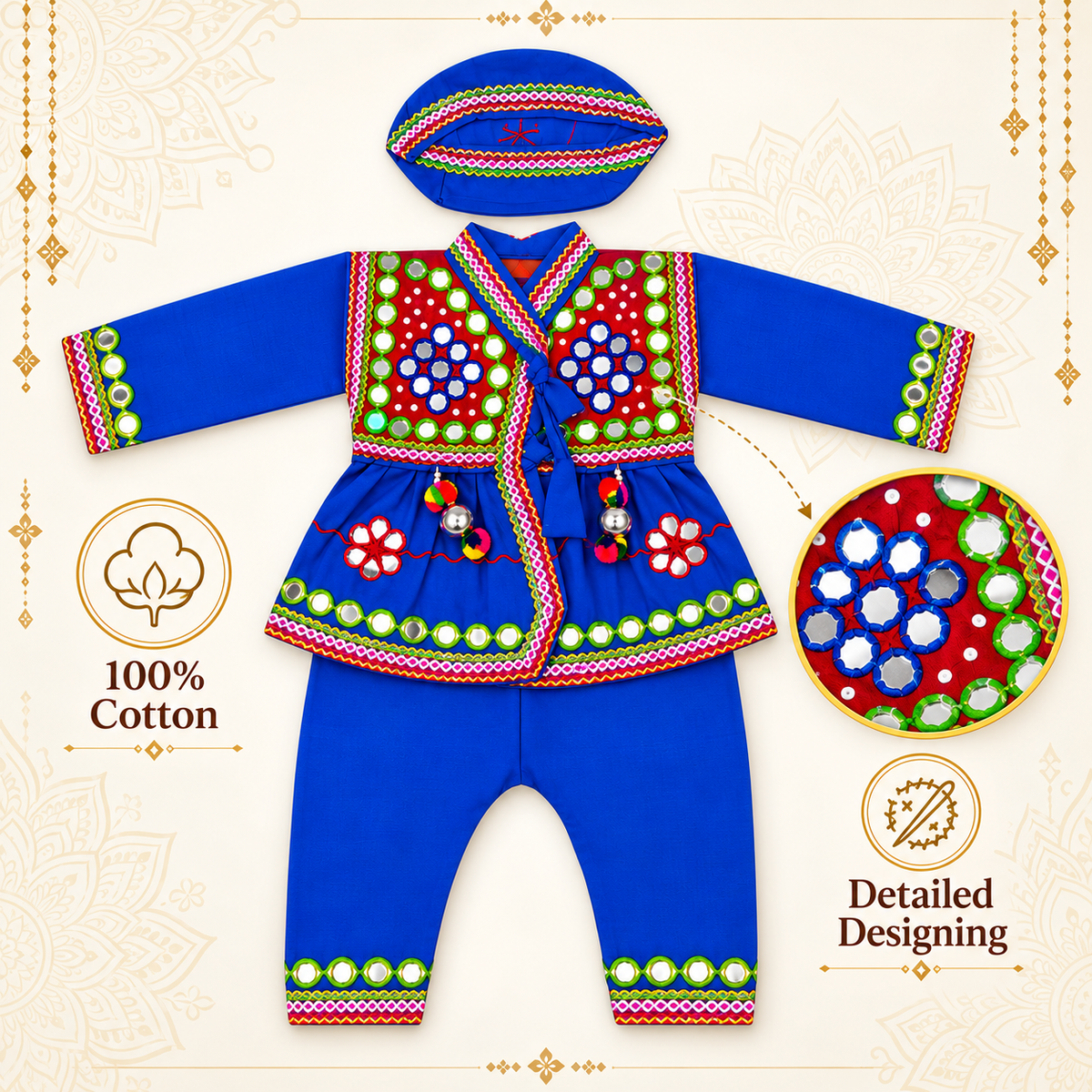 Boys Traditional Kutchi Mirror Work Kurta Pant Set with Cap – 100% Cotton