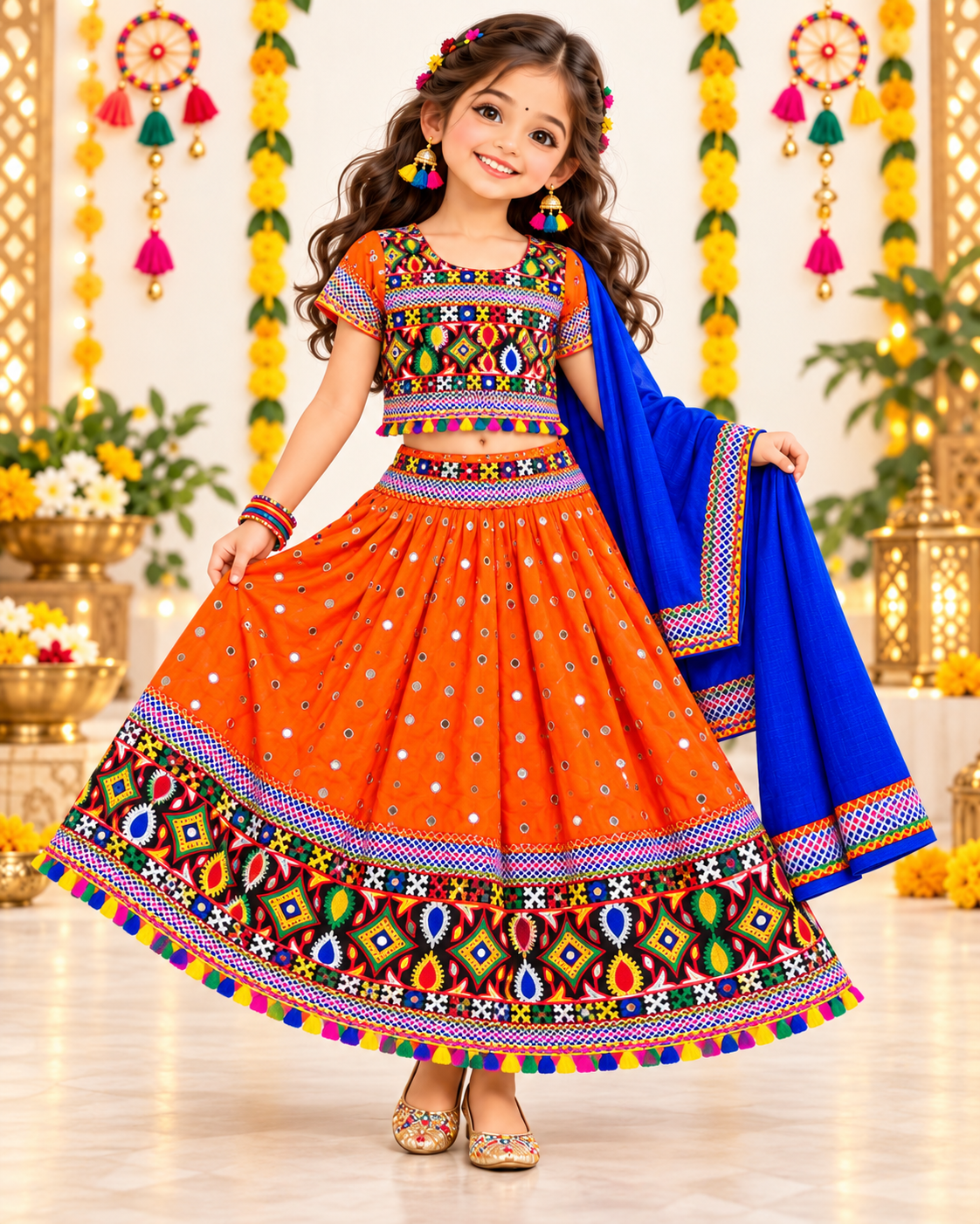 Girls Orange Multicolor Pure Cotton Garba Lehenga Choli Set with Royal Blue Dupatta