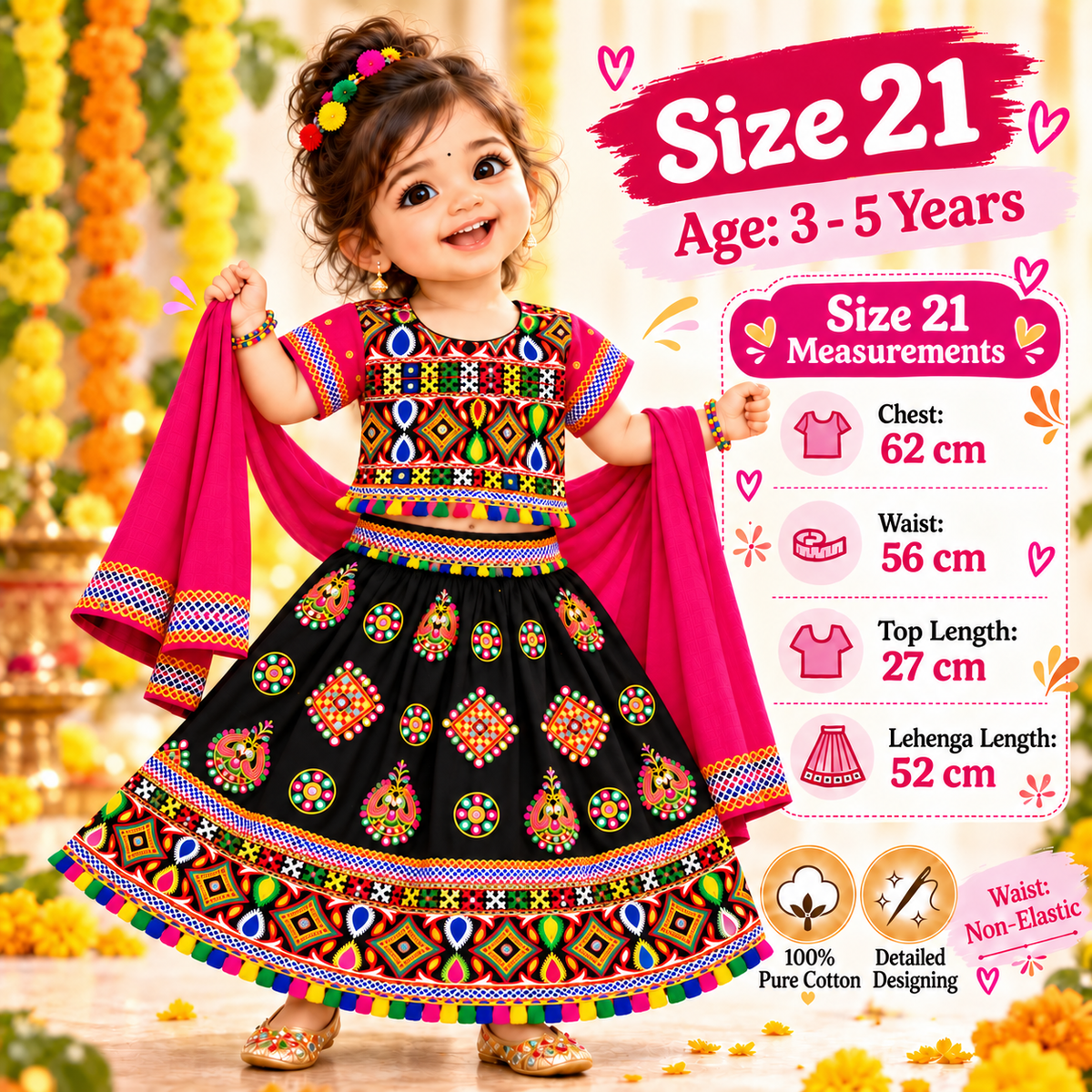 Girls Black Multicolor Pure Cotton Garba Lehenga Choli Set with Pink Dupatta