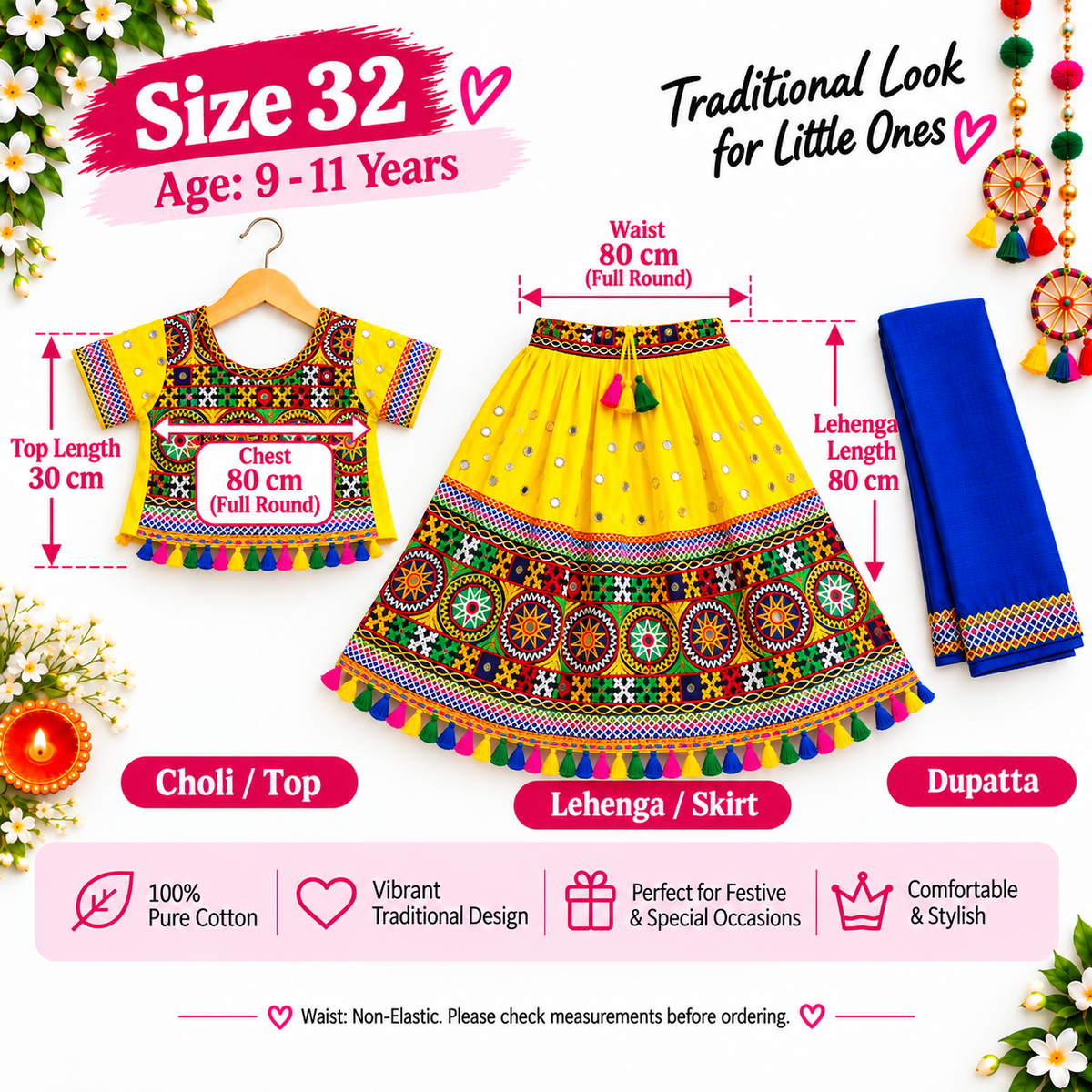 Girls Yellow Traditional Lehenga Choli Set with Blue Dupatta – 100% Pure Cotton Festive Wear