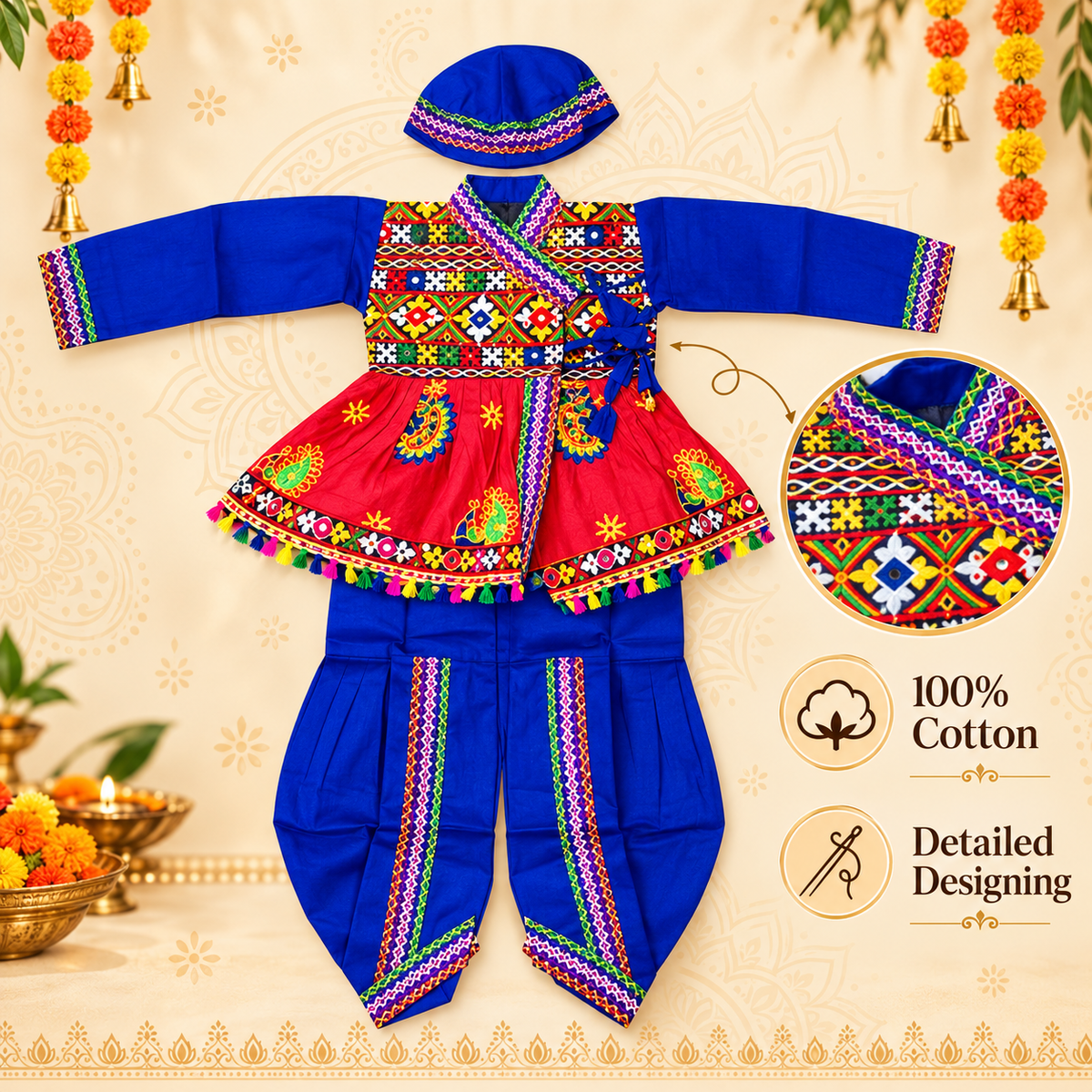 Boys Traditional Blue Angrakha Style Embroidered Dhoti Set with Cap – 100% Cotton