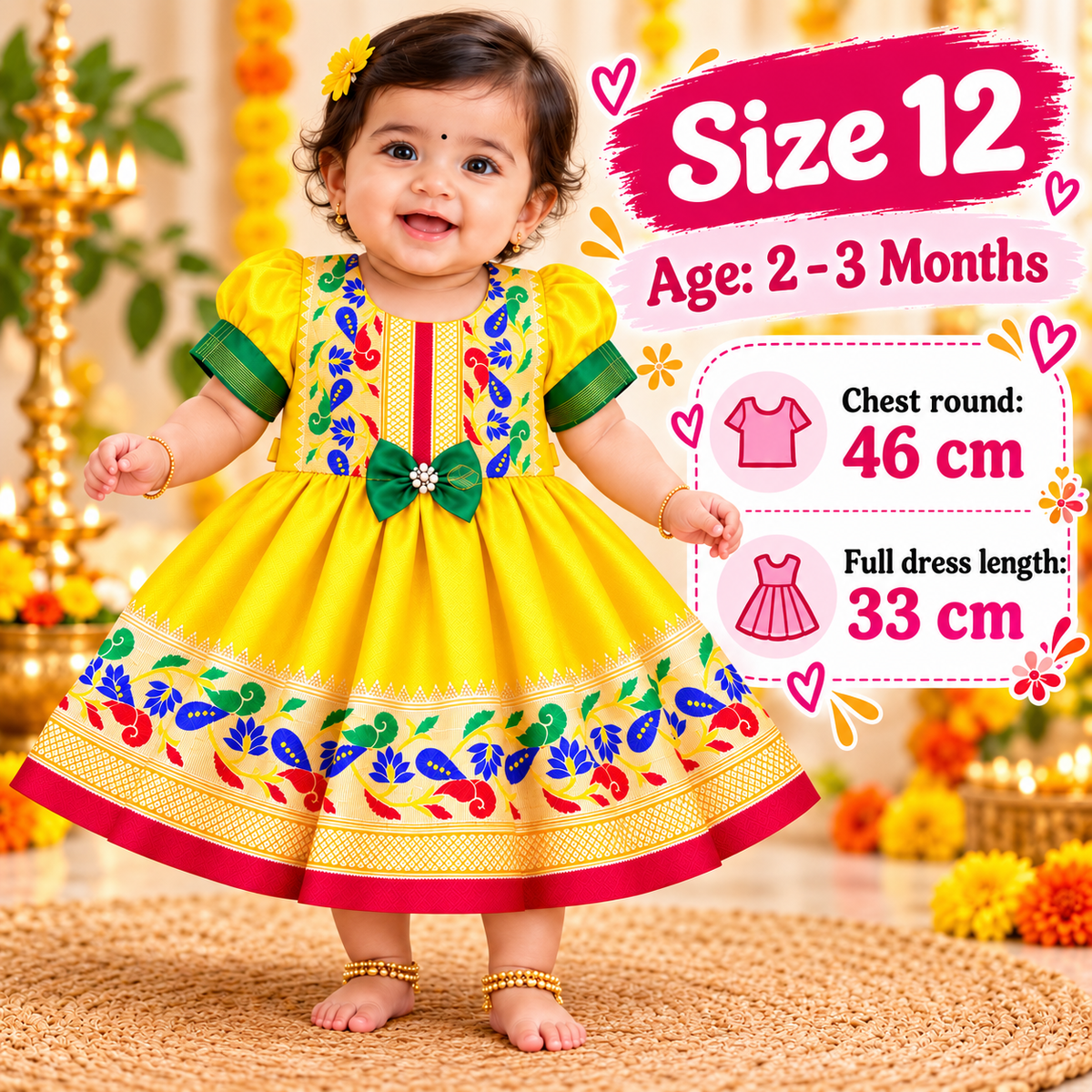 Girls Yellow Paithani Frock Dress | Traditional Indian Ethnic Wear | Diwali & Festive Special