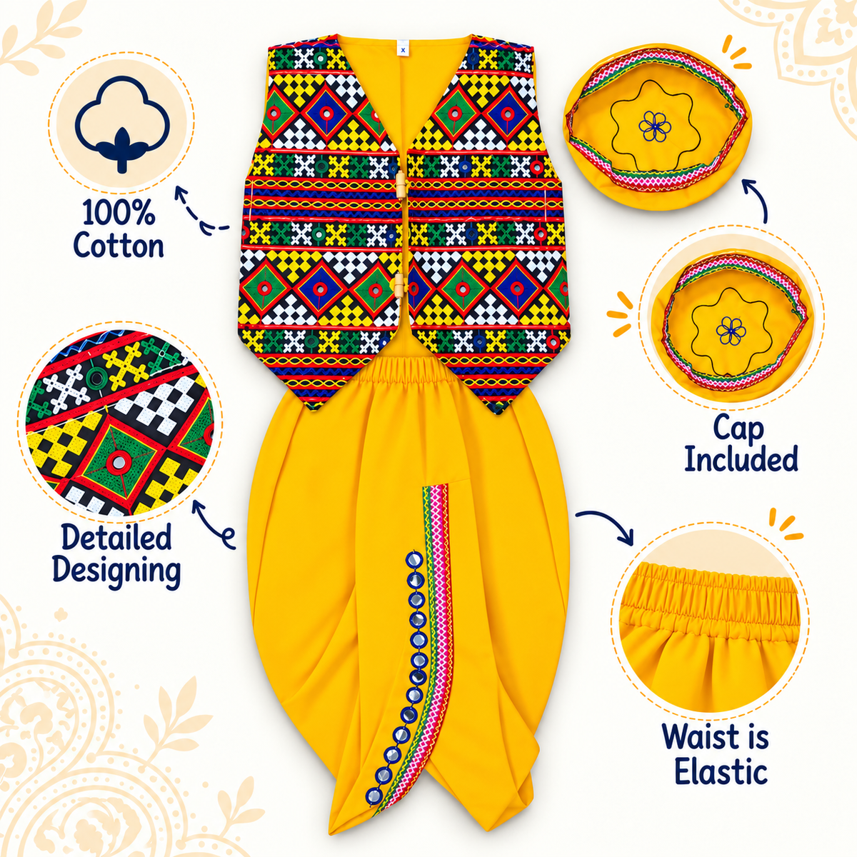 Boys Yellow Traditional Kutchi Embroidered Jacket Dhoti Set with Cap – 100% Cotton