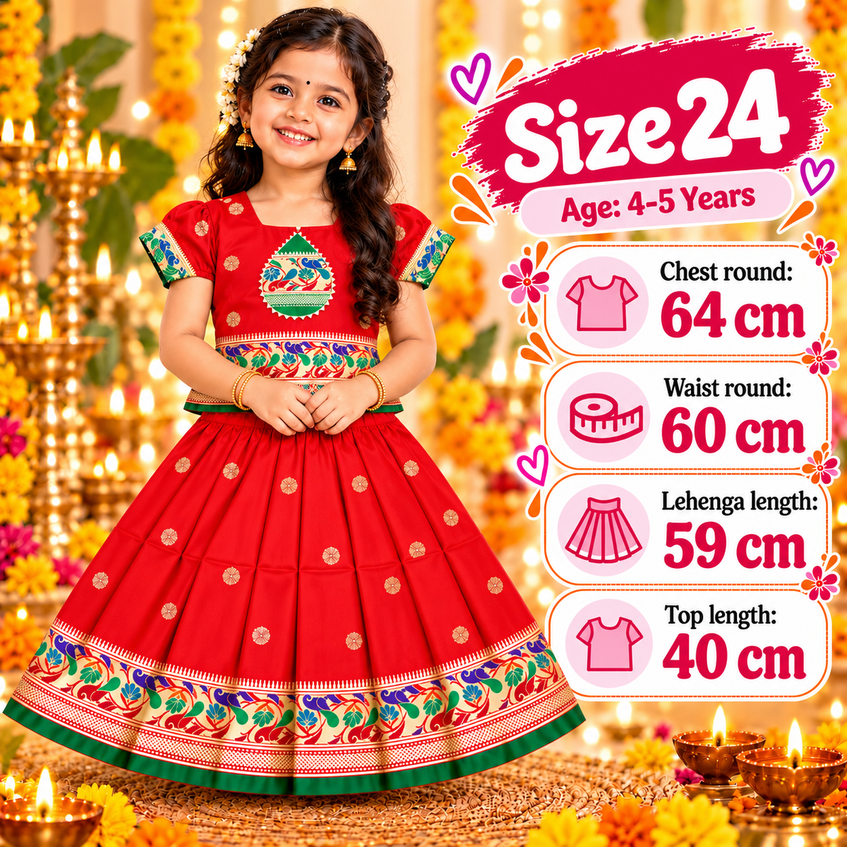 Girls Bright Red Traditional Pattu Pavadai Lehenga Choli Set | Designer Festive & Wedding Dress
