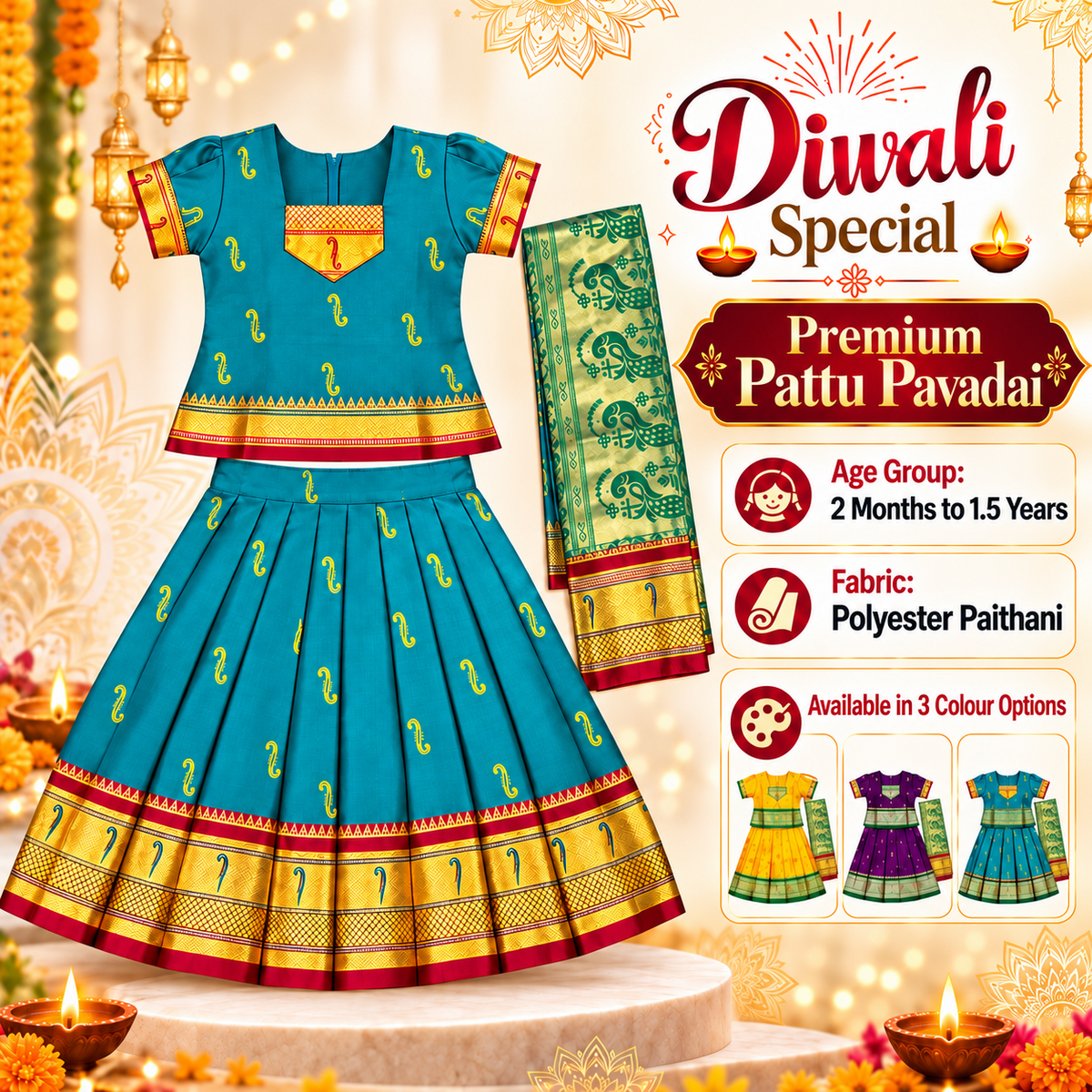 Girls Peacock Blue Designer Pattu Pavadai with Golden Border & Dupatta | Traditional Indian Wedding & Party Wear