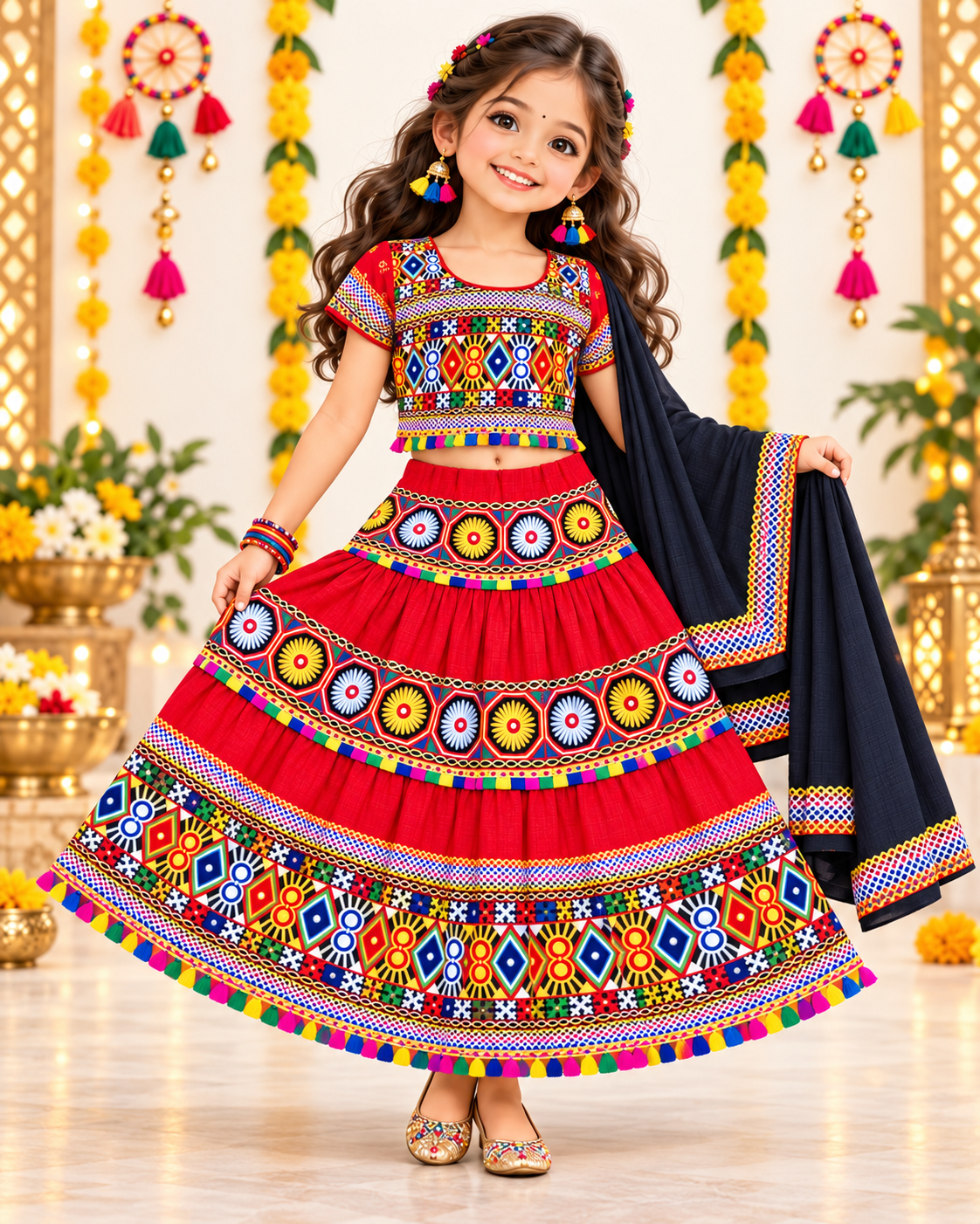 Girls Red Traditional Cotton Lehenga Choli Set with Black Dupatta