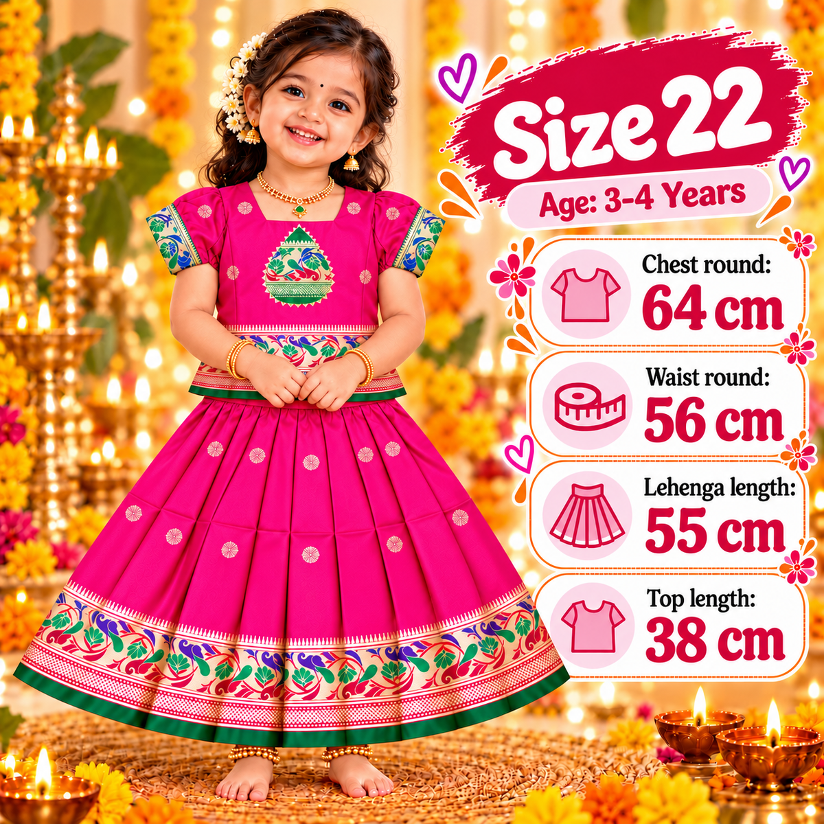 Girls Rani Pink Designer Pattu Pavadai Skirt & Top Set | Peacock Border Ethnic Party Wear