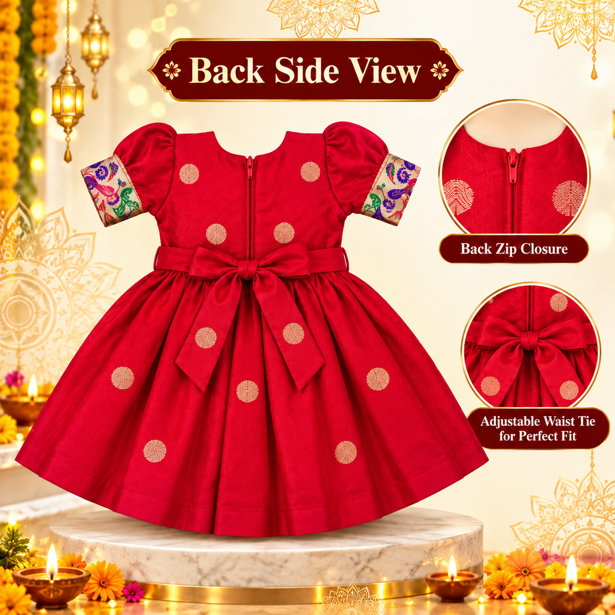 Girls Bright Red Festive Peacock Frock with Green Bow | Baby Girls Indian Ethnic Party Dress