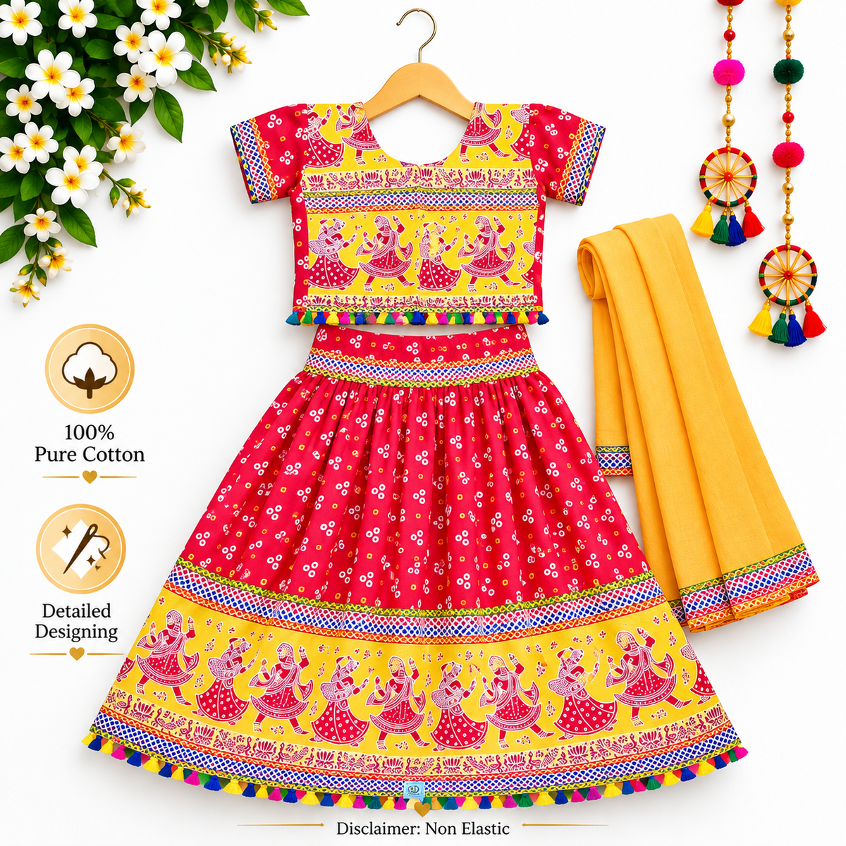 Girls Red & Yellow Pure Cotton Garba Lehenga Choli Set with Yellow Dupatta