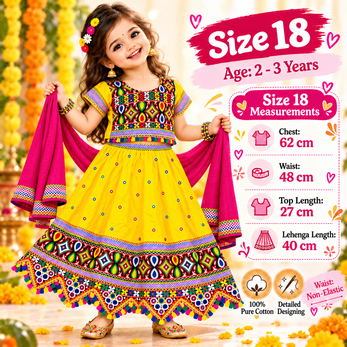 Girls Yellow Multicolor Pure Cotton Garba Lehenga Choli Set with Pink Dupatta
