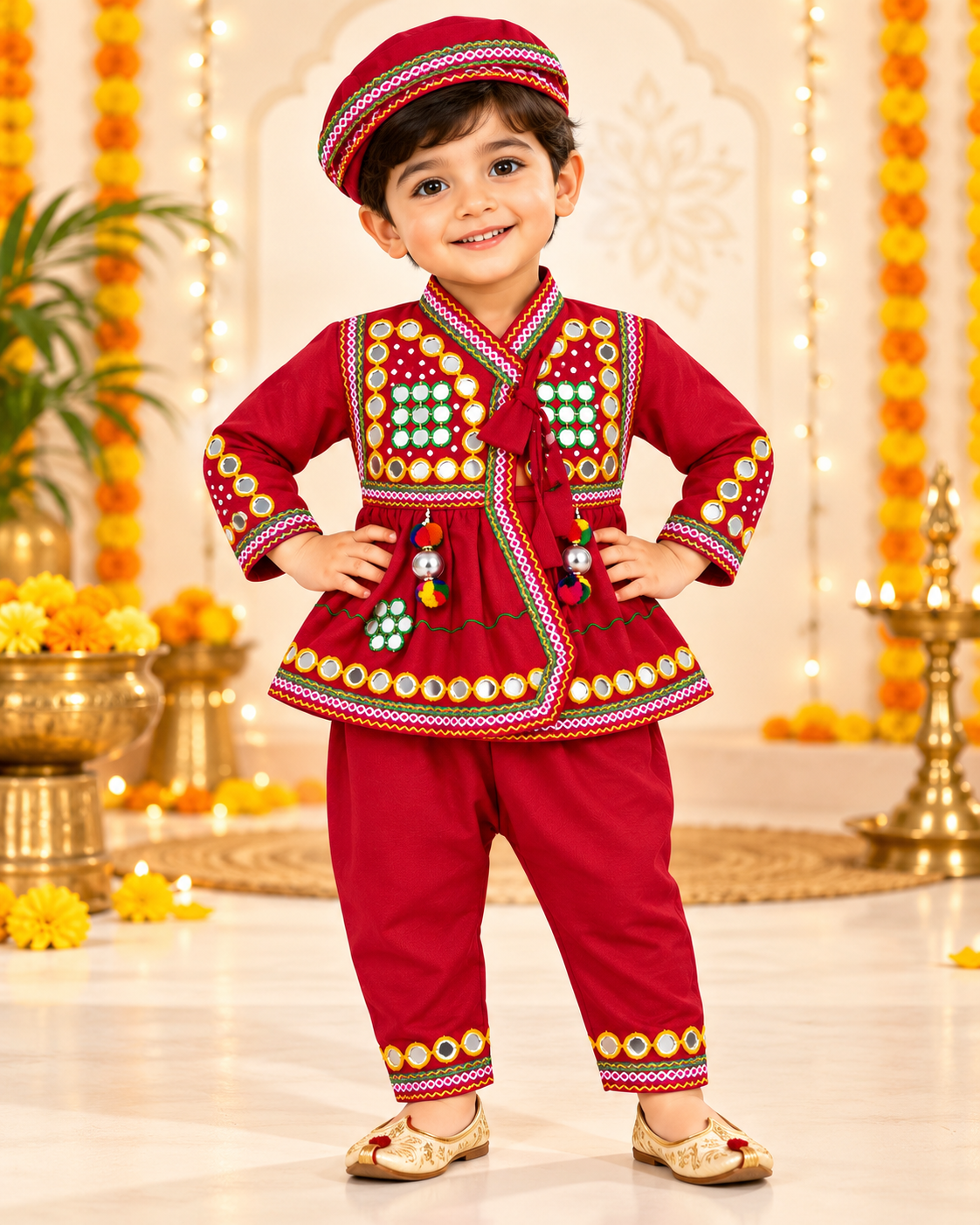 Boys Traditional Kutchi Mirror Work Kurta Pant Set with Cap – 100% Cotton