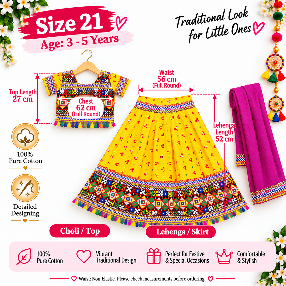 Girls Yellow Pure Cotton Ghagra Choli Set with Rani Pink Dupatta – Traditional Navratri Lehenga