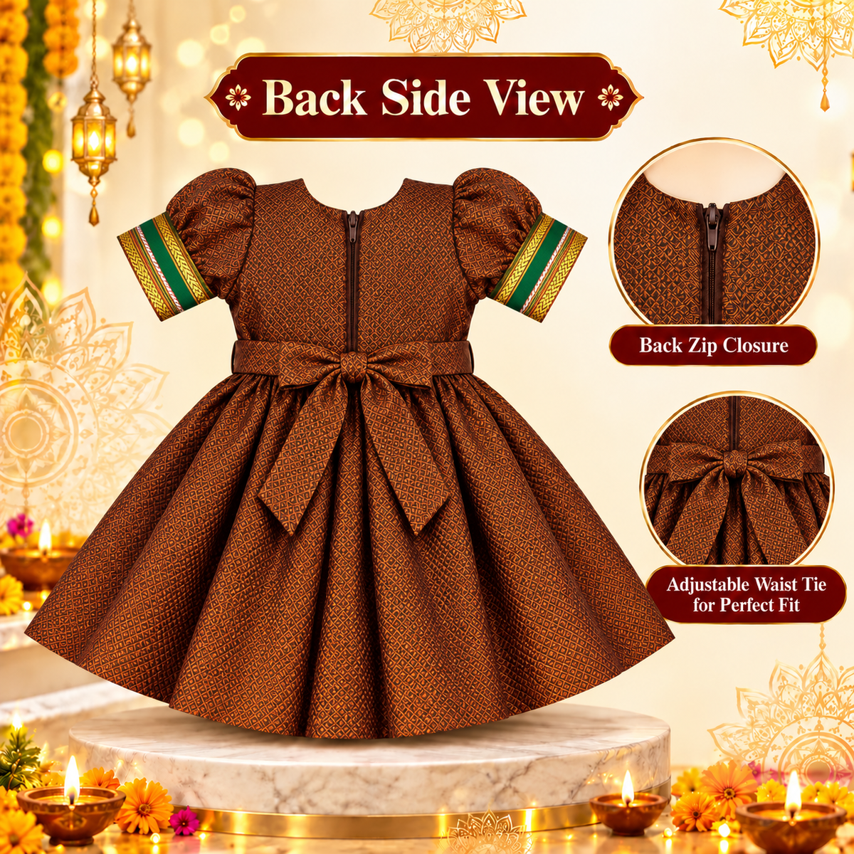 Girls Copper Brown Designer Paithani Frock with Golden Border | Baby Girls Traditional Party Wear