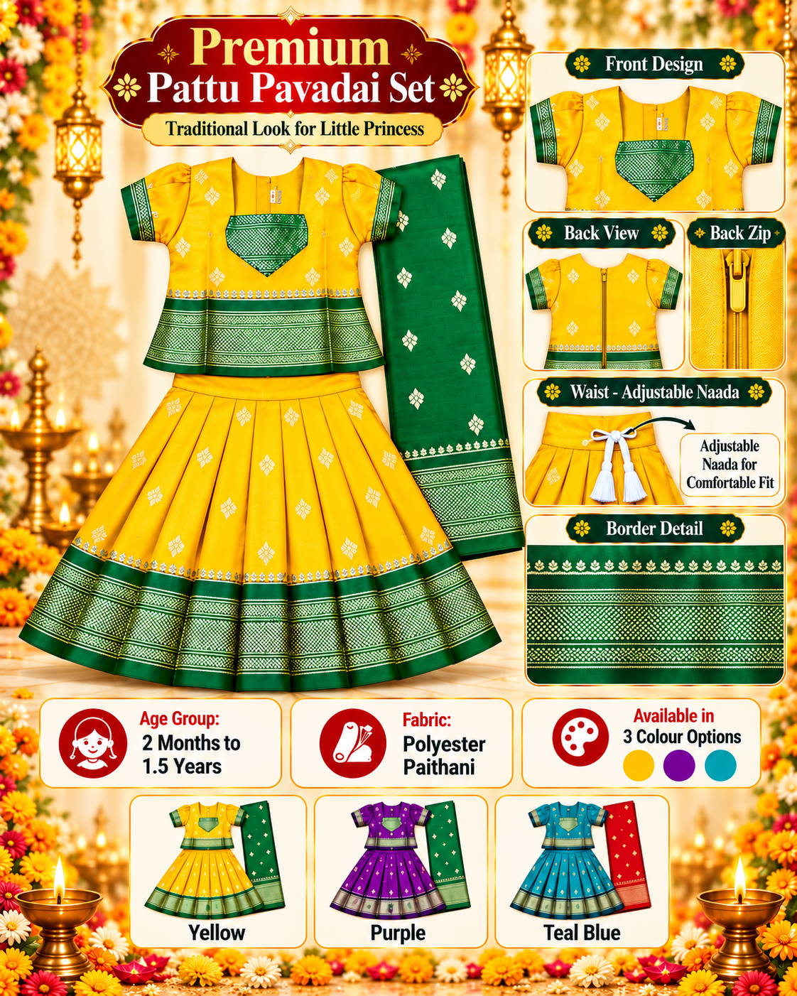 Girls Sunshine Yellow Pattu Pavadai Set with Green Dupatta | Premium Traditional Indian Ethnic Wear