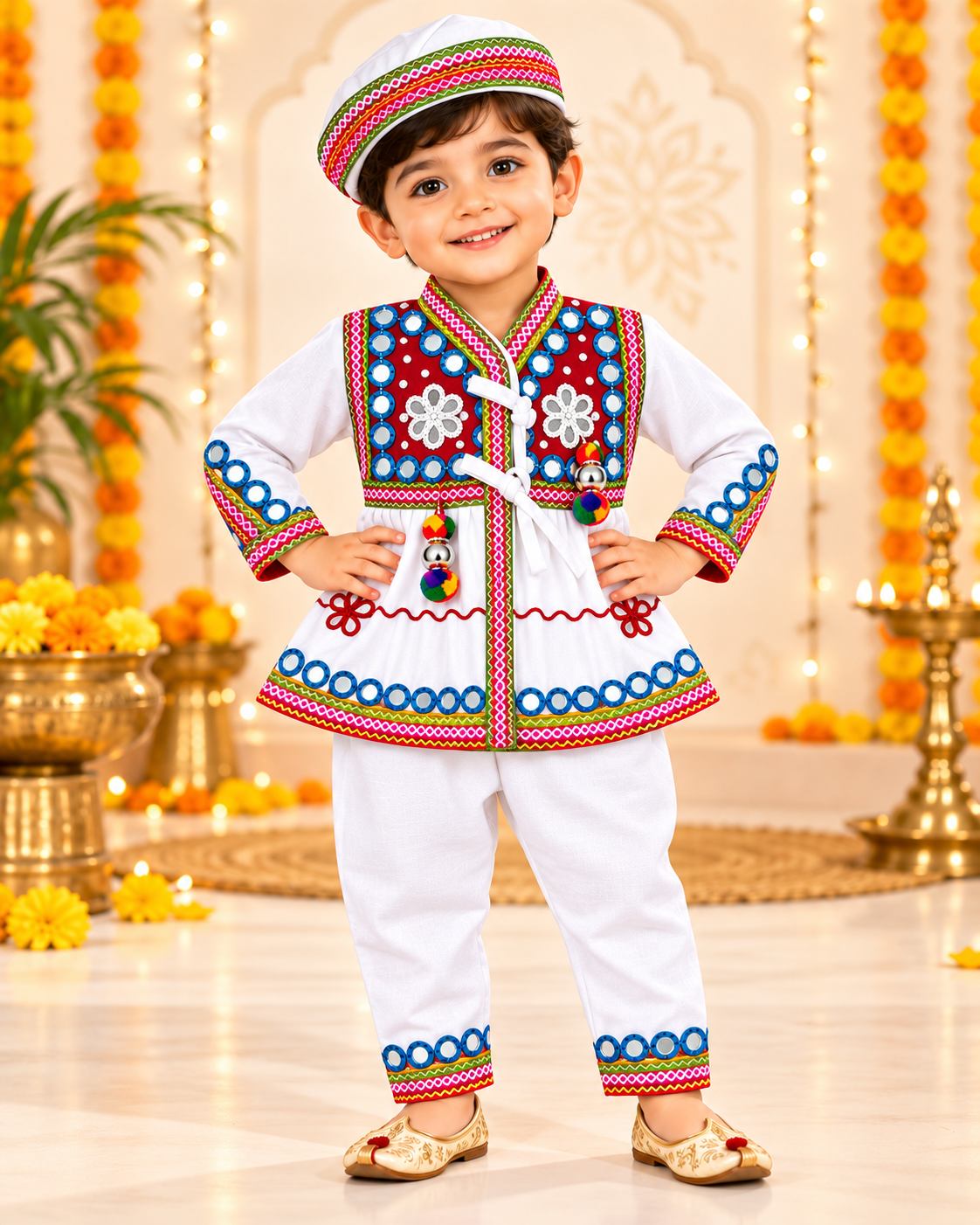 Boys Traditional Kutchi Mirror Work Kurta Pant Set with Cap – 100% Cotton