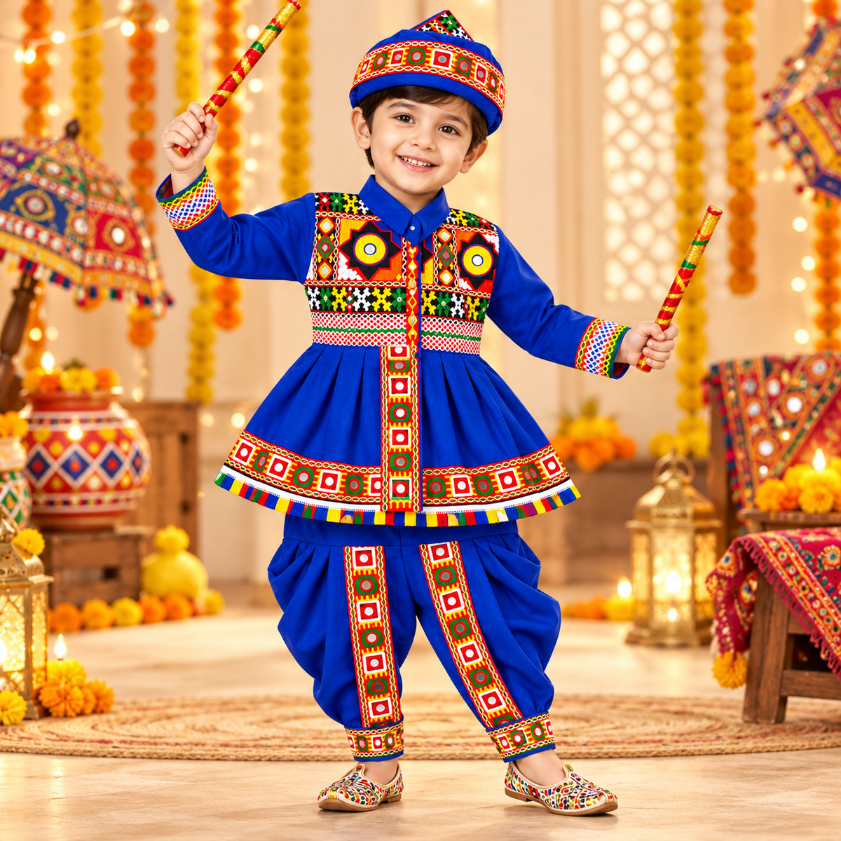 Premium Boys Royal Blue Traditional Kutchi Embroidered Dhoti Kurta Set with Cap – 100% Cotton