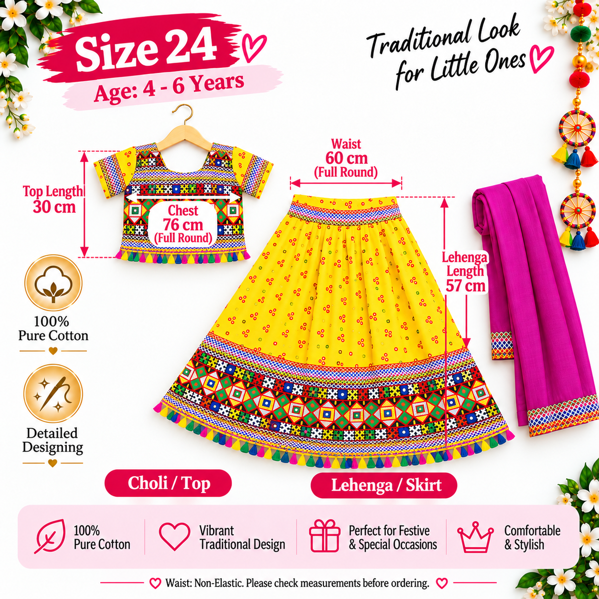 Girls Yellow Pure Cotton Ghagra Choli Set with Rani Pink Dupatta – Traditional Navratri Lehenga