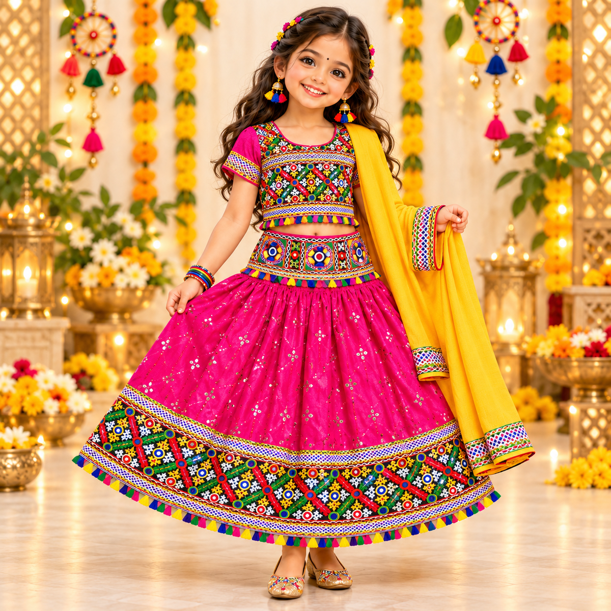 Girls Pink Multicolor Pure Cotton Garba Lehenga Choli Set with Yellow Dupatta