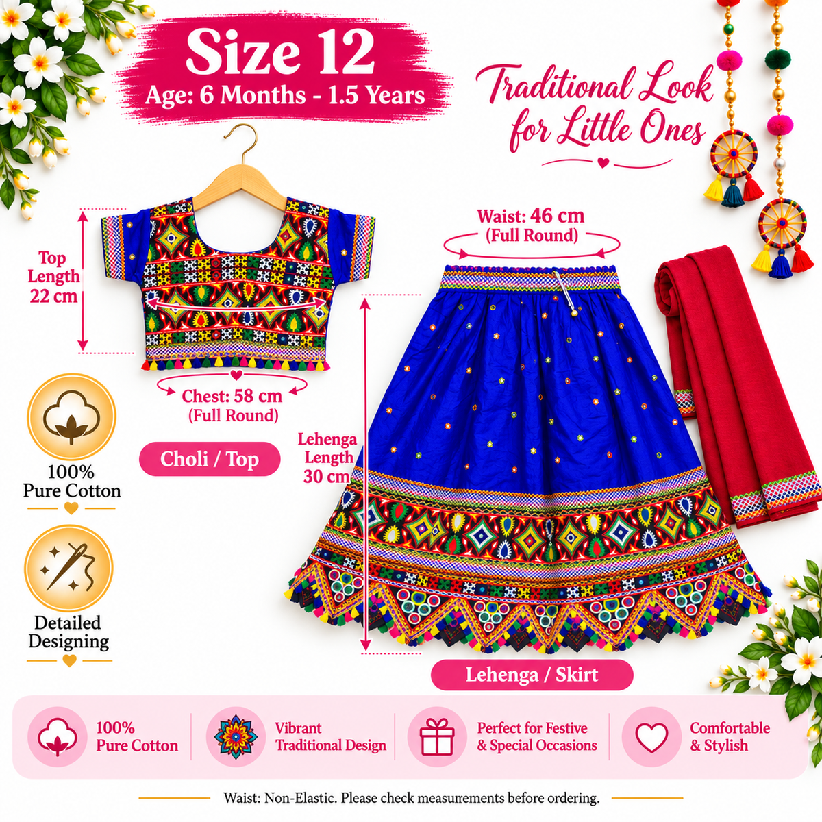 Girls Royal Blue Multicolor Pure Cotton Garba Lehenga Choli Set with Red Dupatta
