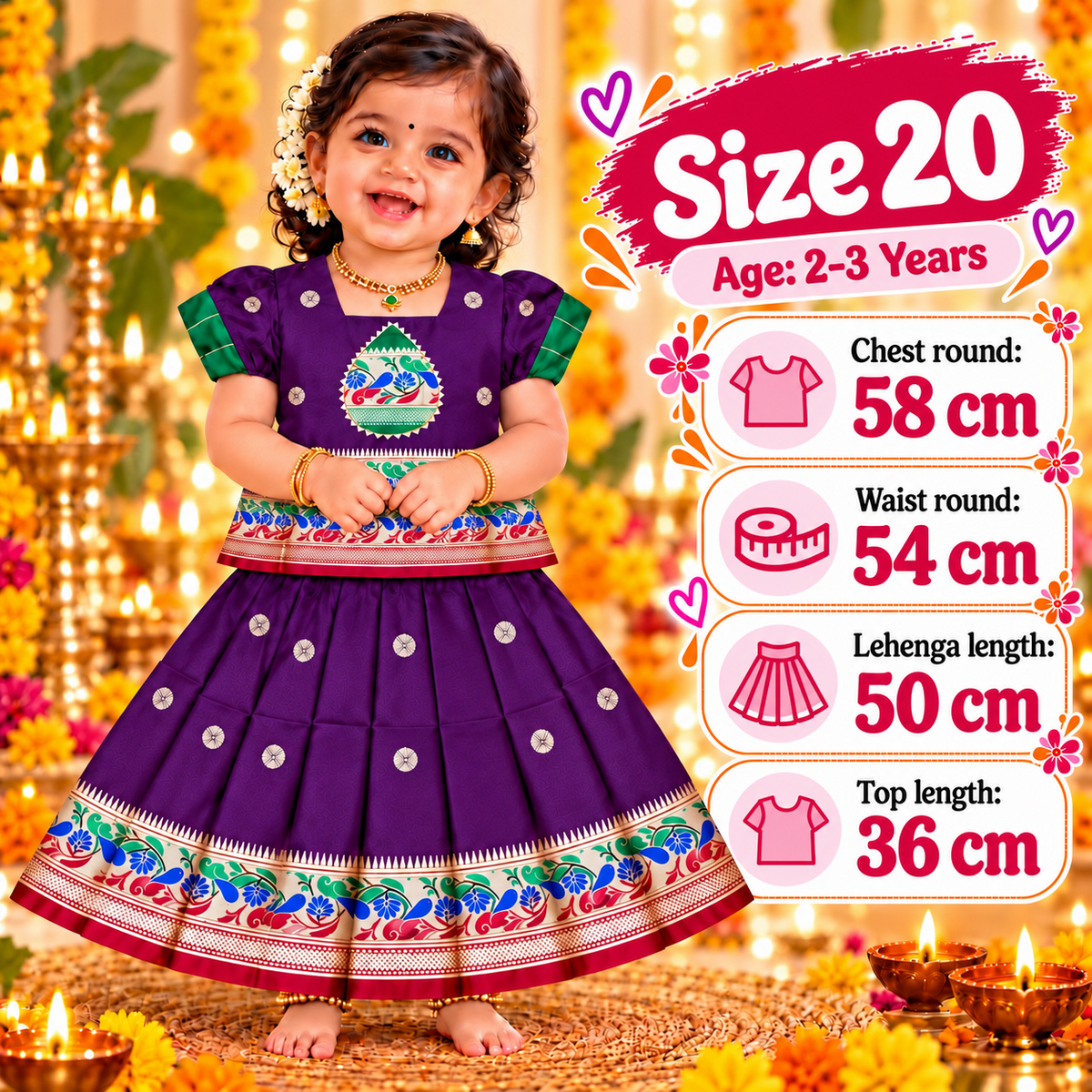 Girls Royal Purple Heritage Pattu Pavadai Dress Set | Traditional Peacock Design Festive Lehenga