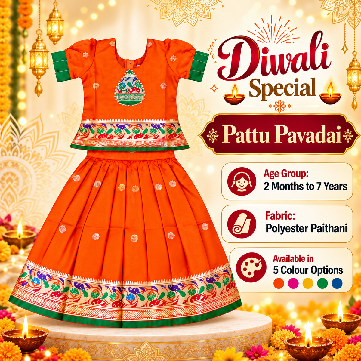 Girls Orange Peacock Design Pattu Pavadai Lehenga Set | Traditional Indian Festive & Wedding Wear