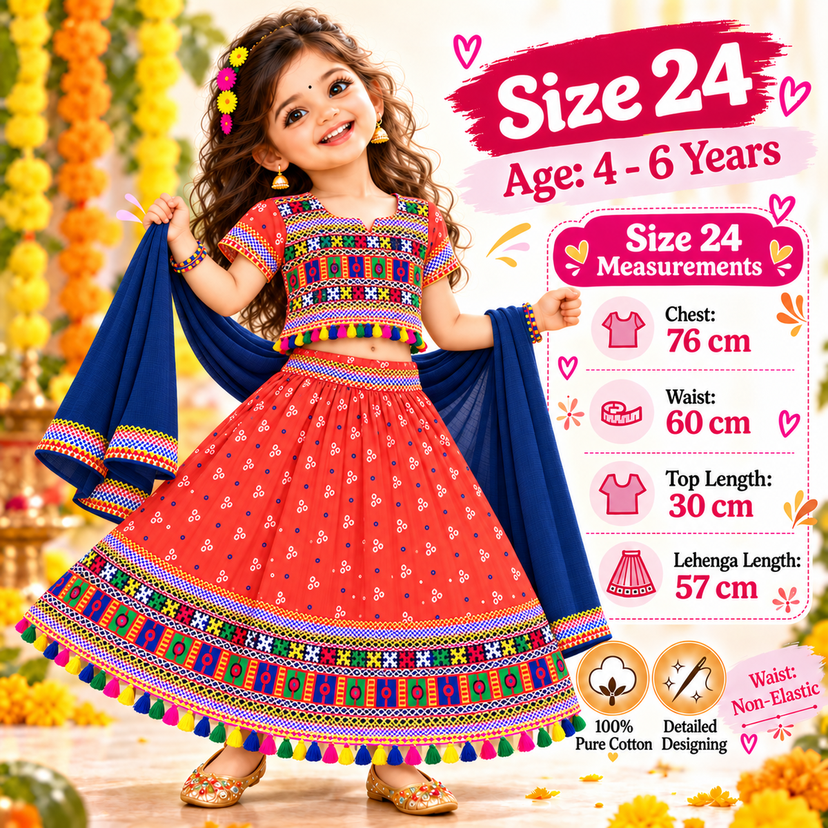 Girls Coral Orange Traditional Lehenga Choli Set with Navy Blue Dupatta – 100% Pure Cotton Festive Wear