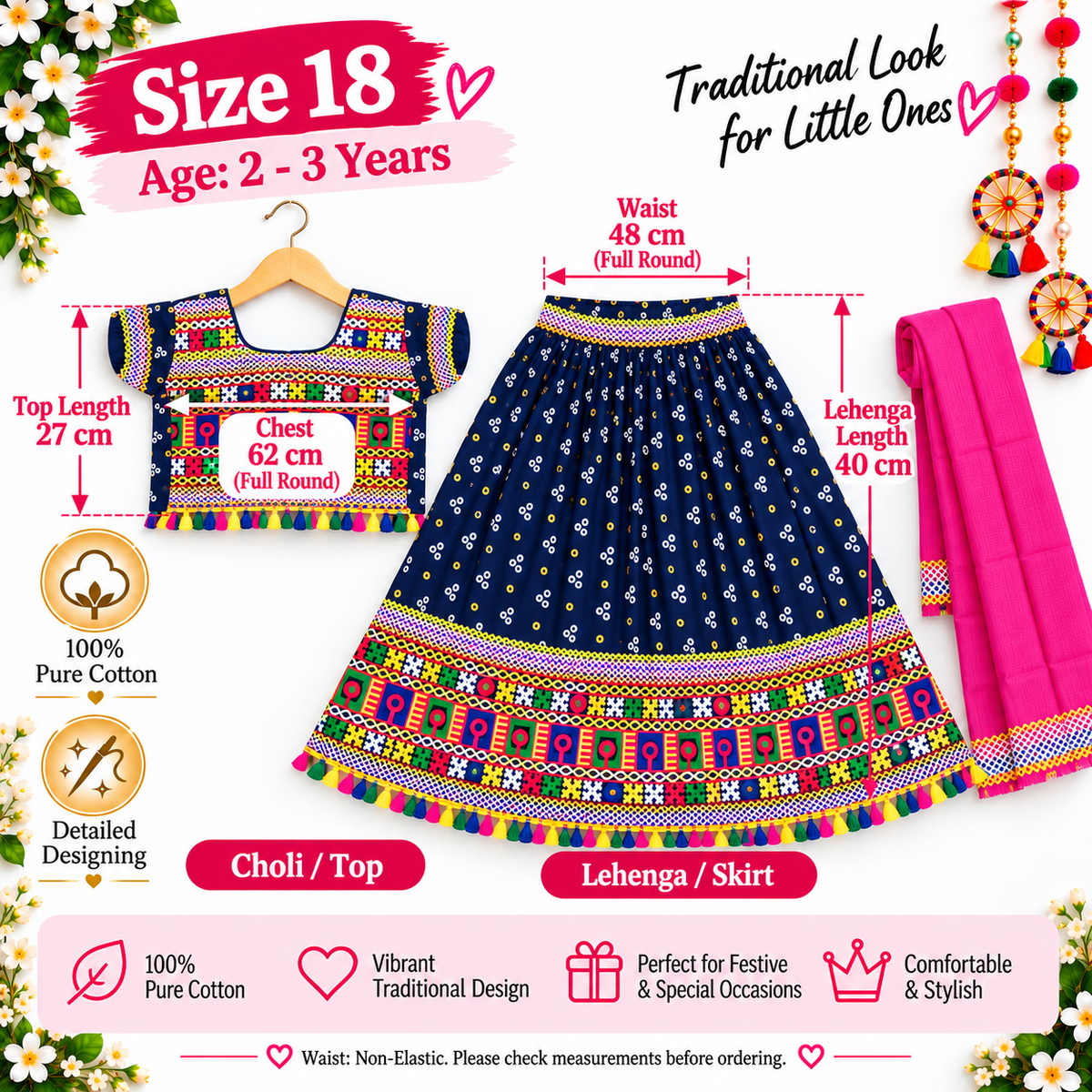 Girls Navy Blue Pure Cotton Ghagra Choli Set with Pink Dupatta – Traditional Navratri Lehenga