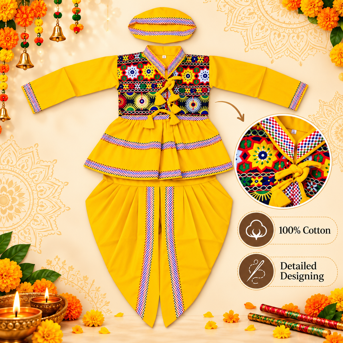 Boys Yellow Layered Peplum Embroidered Dhoti Set with Matching Cap – 100% Cotton