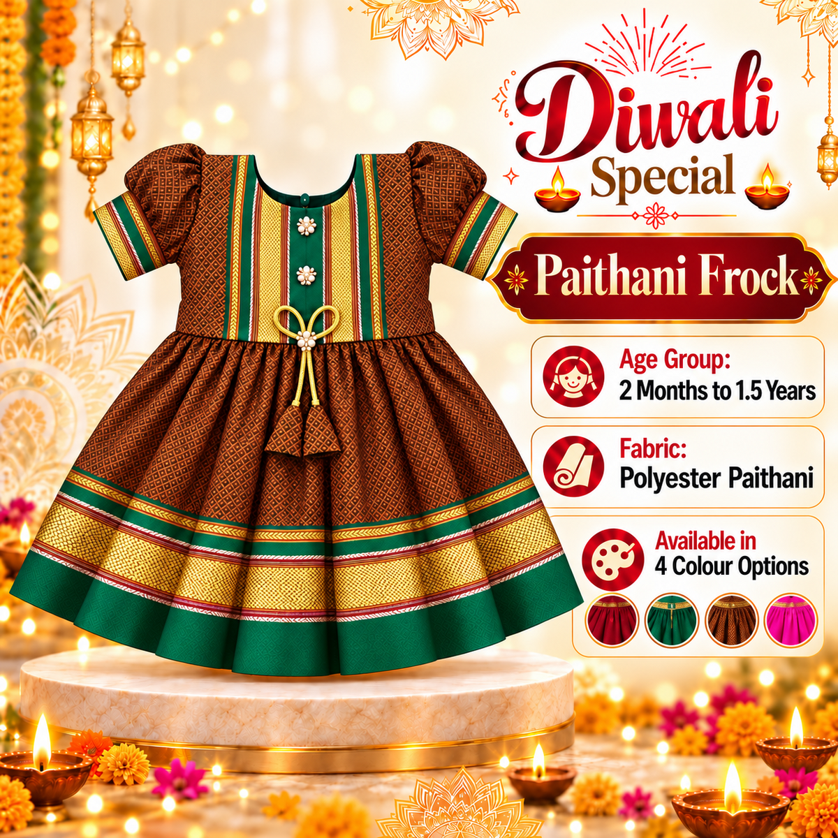 Girls Copper Brown Designer Paithani Frock with Golden Border | Baby Girls Traditional Party Wear