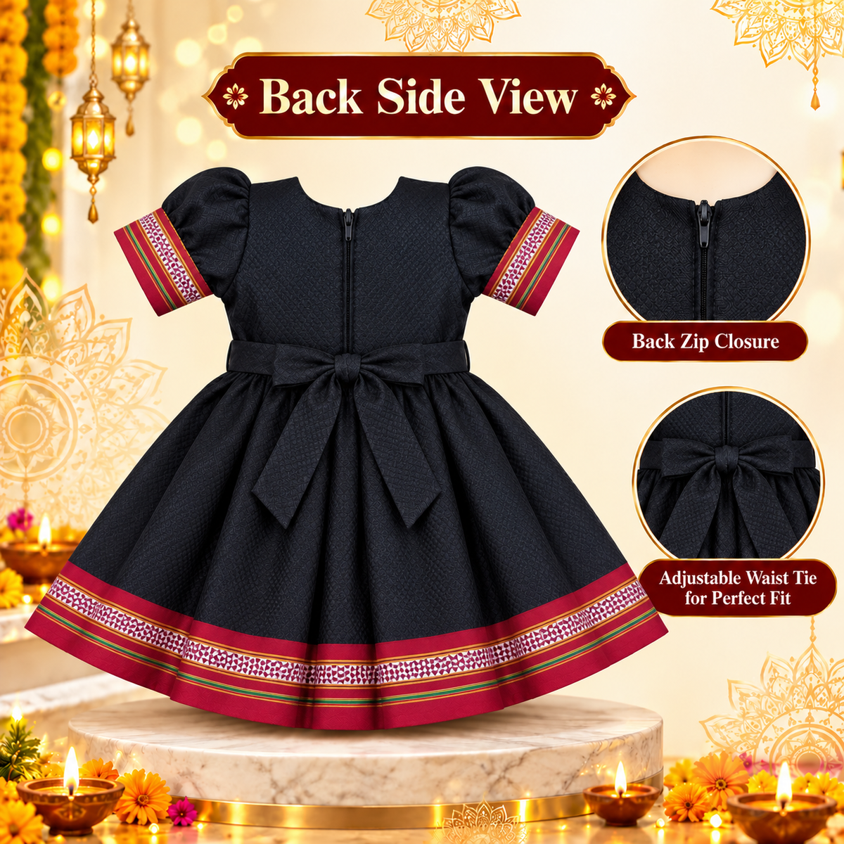 Girls Black Designer Ethnic Frock with Red Traditional Border & Bow | Baby Girls Diwali & Party Wear