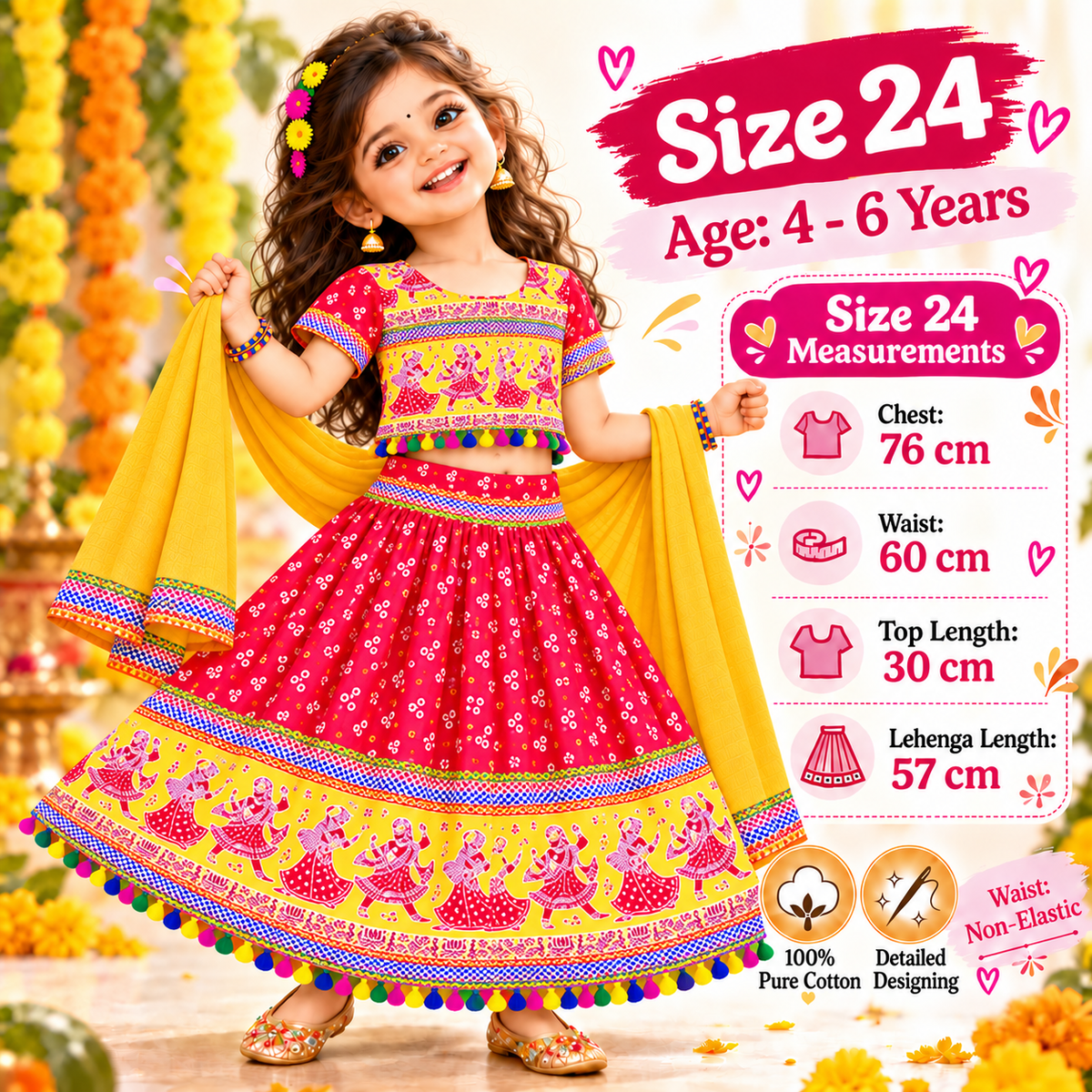 Girls Red & Yellow Pure Cotton Garba Lehenga Choli Set with Yellow Dupatta