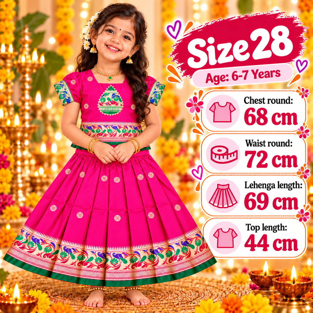 Girls Rani Pink Designer Pattu Pavadai Skirt & Top Set | Peacock Border Ethnic Party Wear