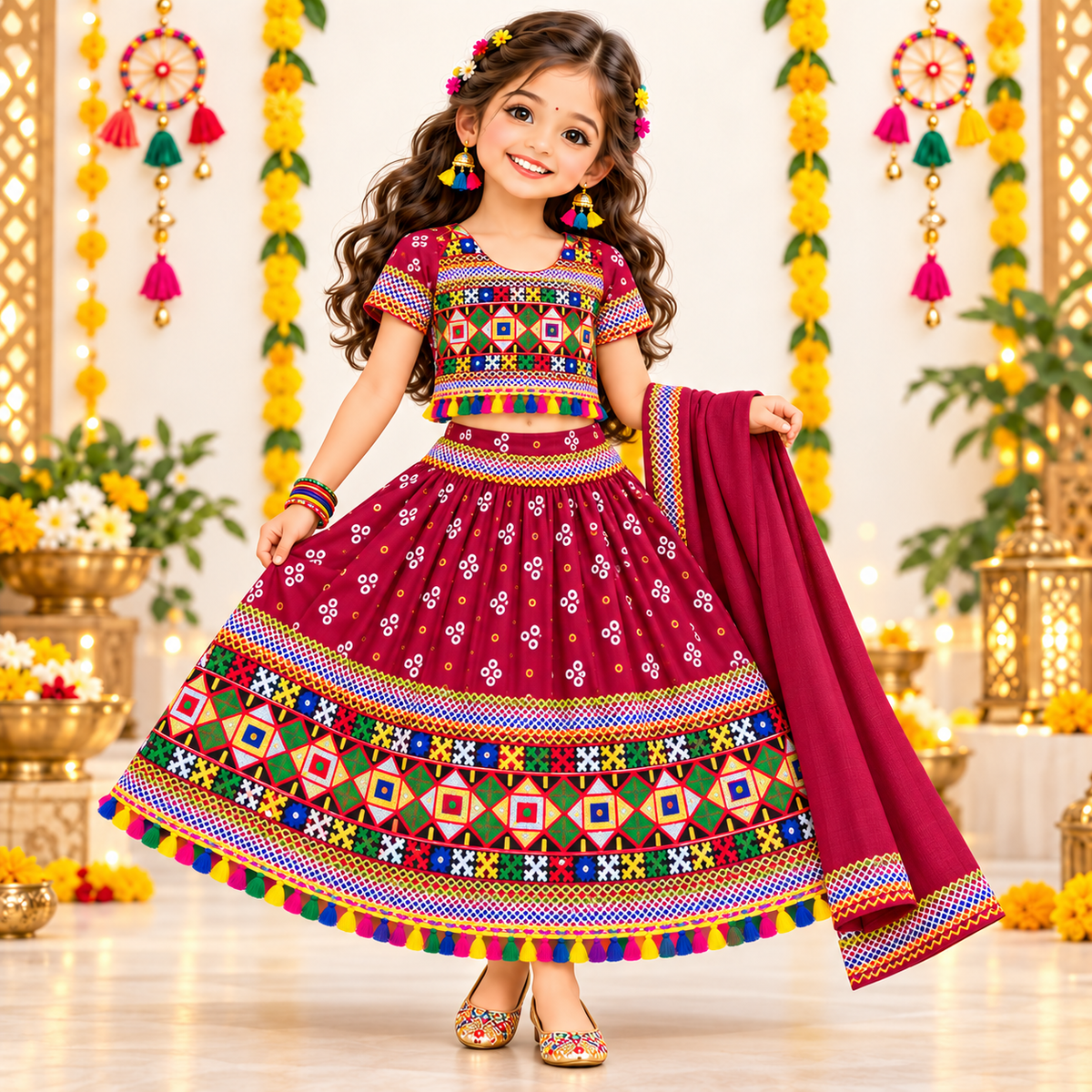Girls Maroon Pure Cotton Ghagra Choli Set with Matching Dupatta – Traditional Navratri Lehenga
