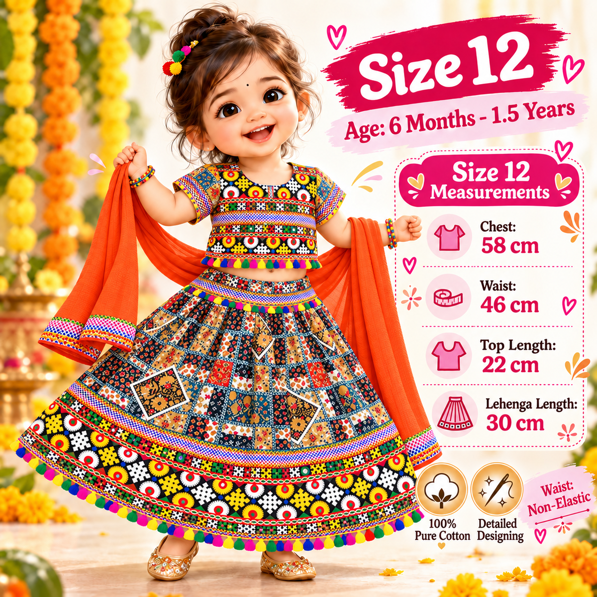 Girls Multicolor Patchwork Pure Cotton Lehenga Choli Set with Orange Dupatta