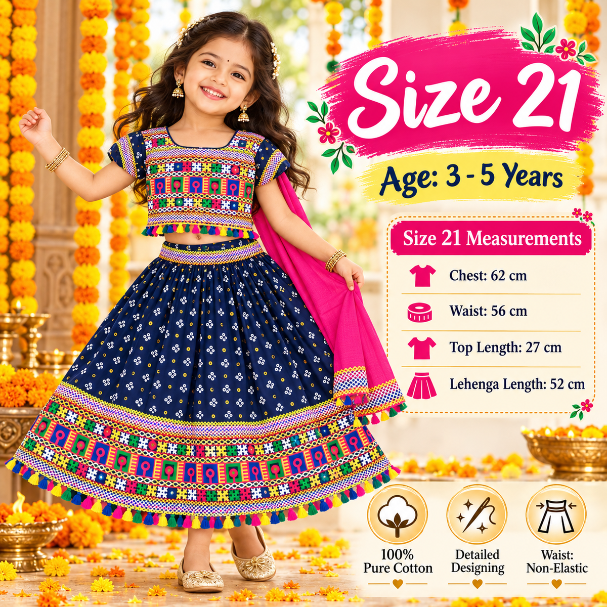 Girls Navy Blue Pure Cotton Ghagra Choli Set with Pink Dupatta – Traditional Navratri Lehenga