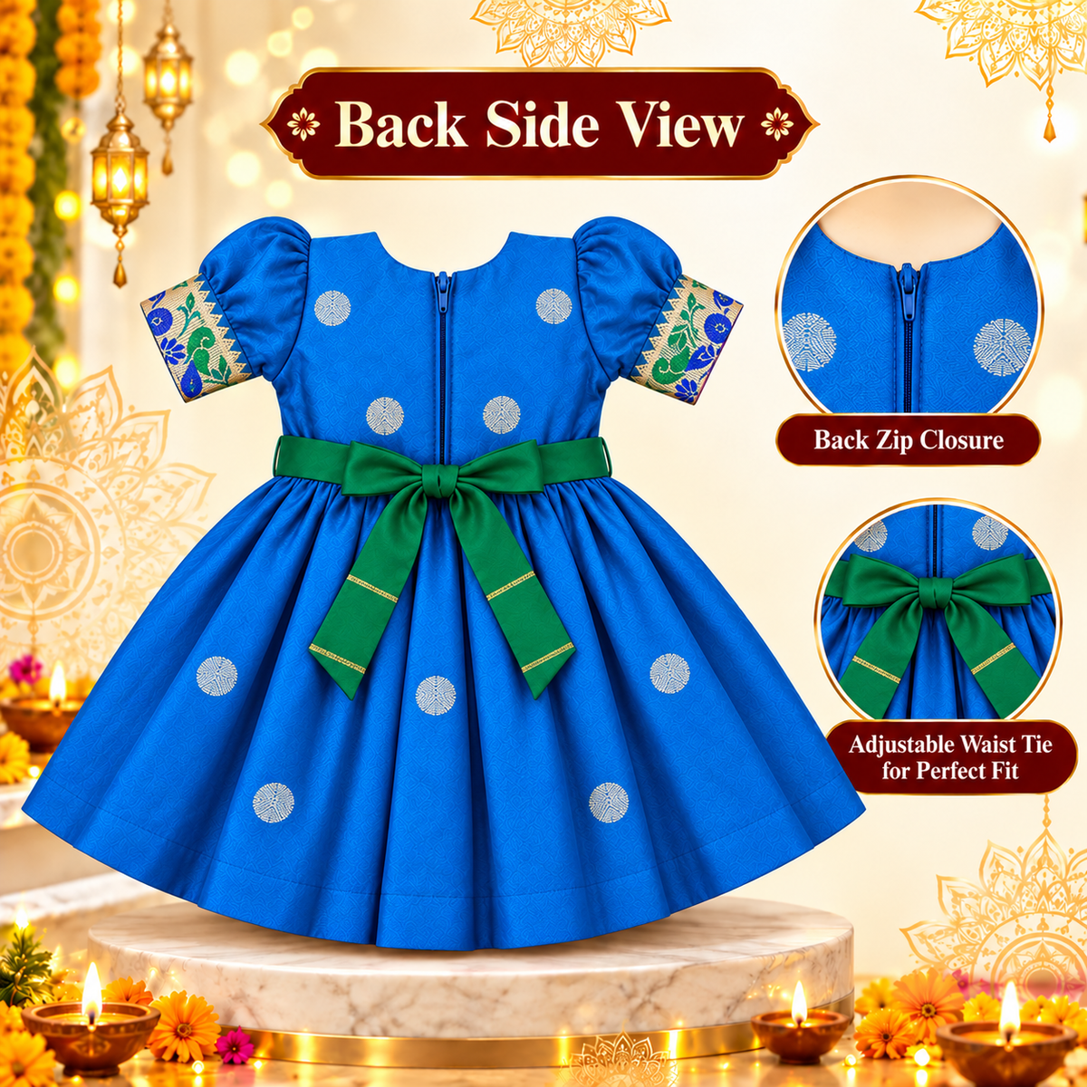 Girls Blue Designer Paithani Frock with Peacock Pattern | Baby Girls Traditional Festive Wear