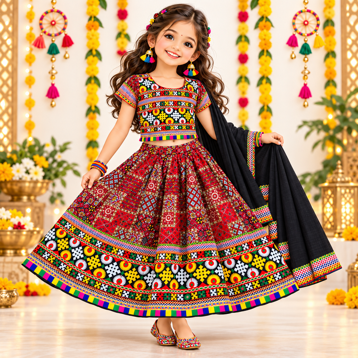 Girls Maroon Multicolor Pure Cotton Patchwork Lehenga Choli Set with Black Dupatta
