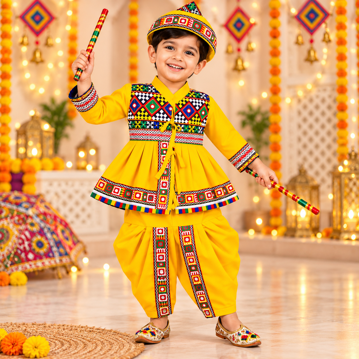Premium Boys Traditional Yellow Kutchi Embroidered Dhoti Kurta Set with Cap – 100% Cotton