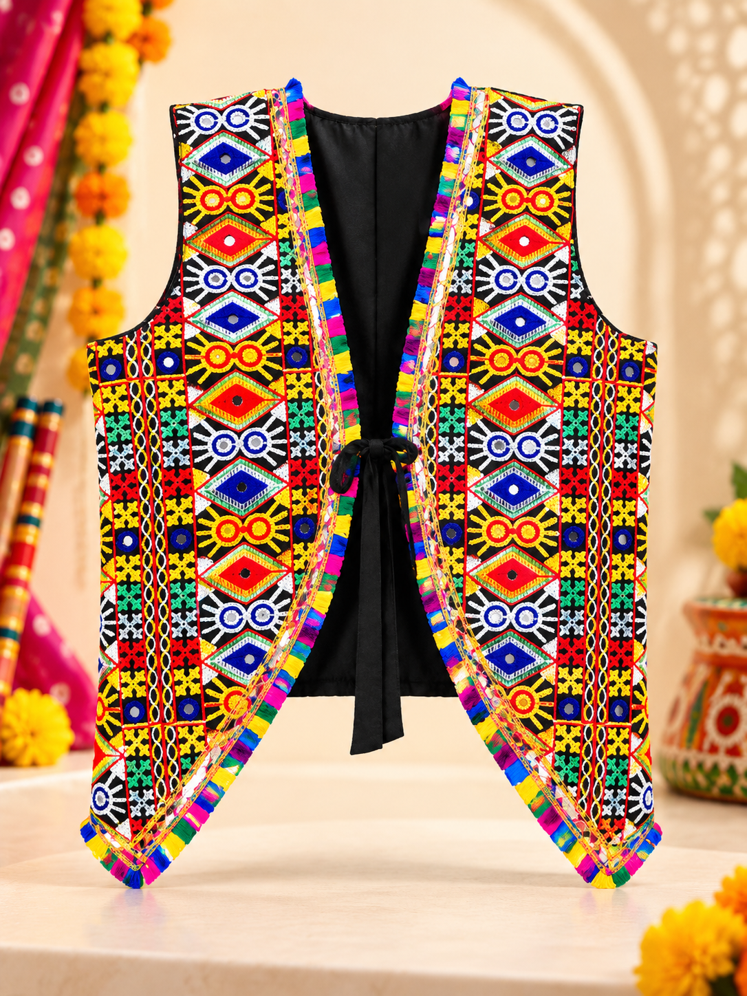 Kids Navratri Kutch Embroidered Jacket | Multicolour Traditional Mirror Work & Tassel Jacket | Free Size