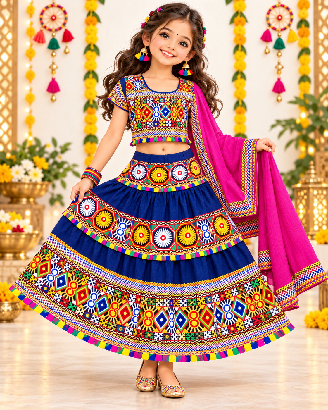 Girls Royal Blue Traditional Cotton Lehenga Choli Set with Pink Dupatta