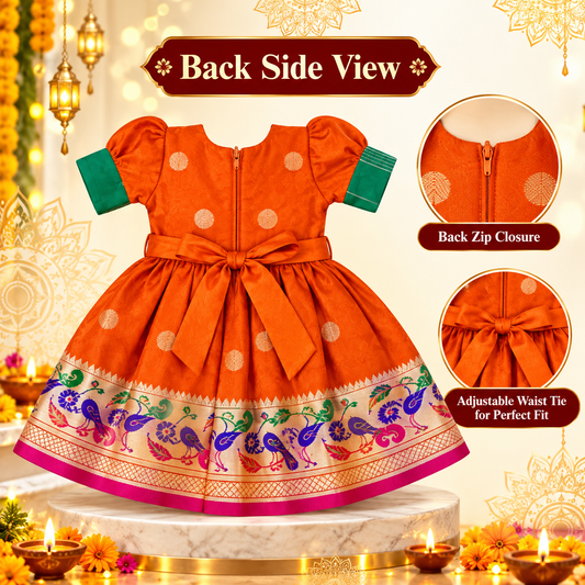Girls Orange Paithani Frock Dress | Traditional Indian Ethnic Wear | Diwali & Festive Special
