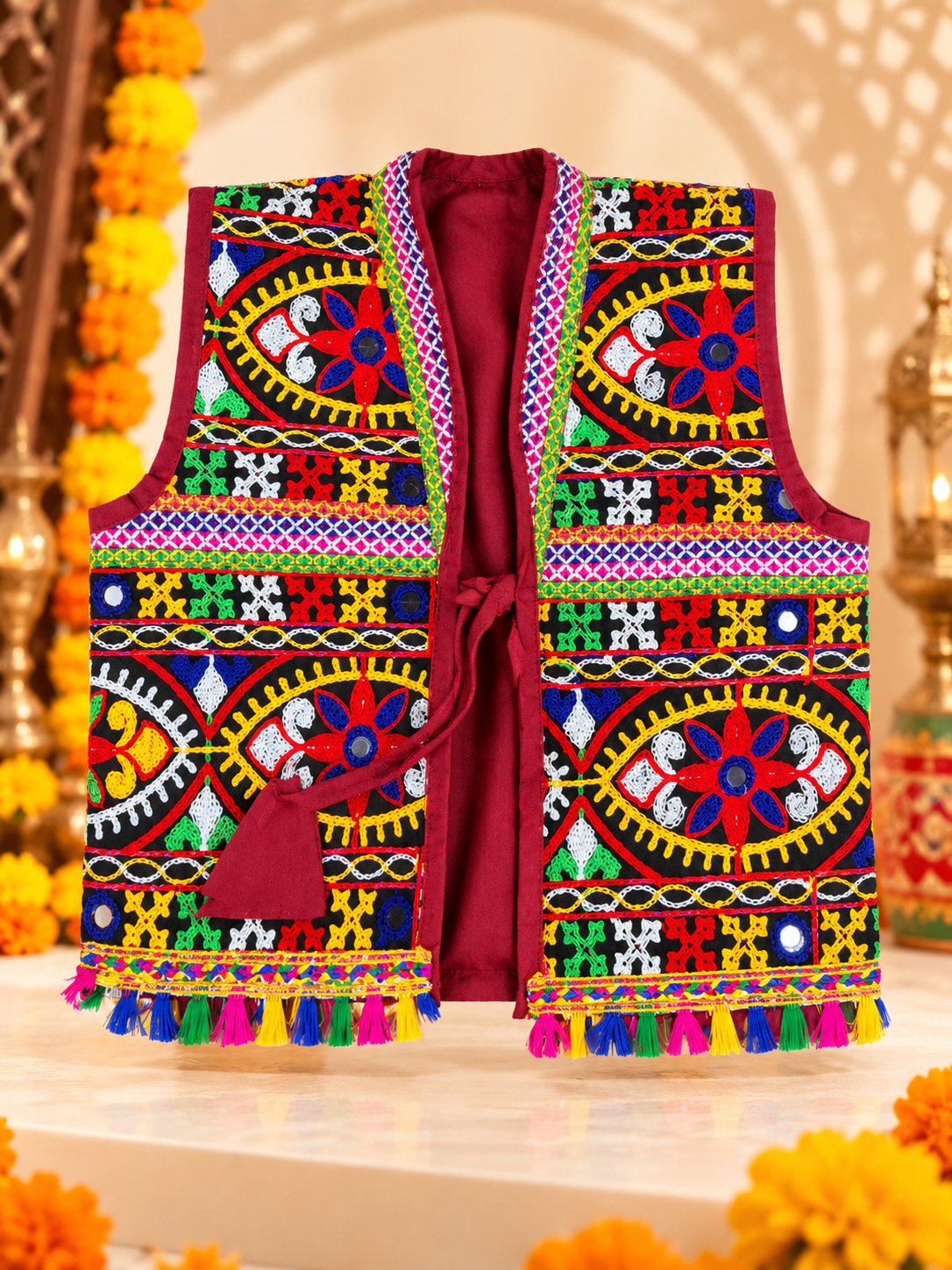Kids Navratri Kutch Embroidered Jacket | Multicolour Traditional Mirror Work & Tassel Jacket | 1-2 Years